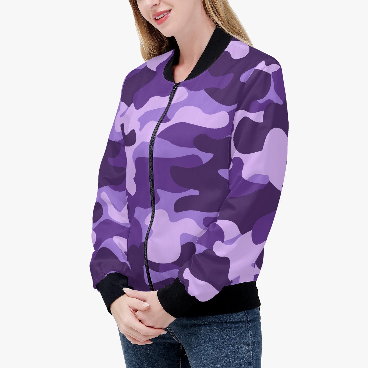 Women's Camo Bomber Jacket | Purple, Blue, and Mauve