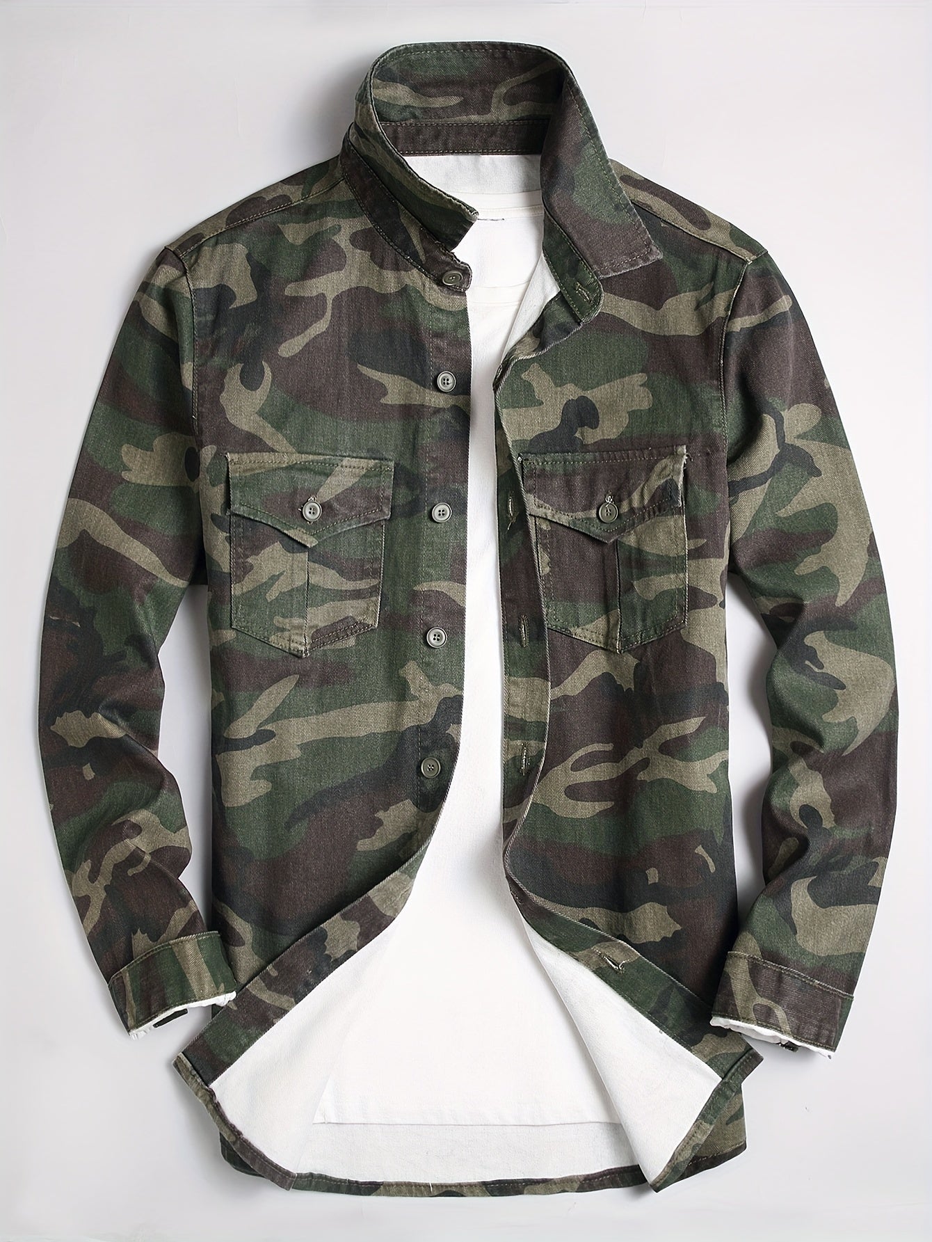 Men's Slim Fit Camo Denim Shirt | 100% Cotton Casual Jacket with Lapel Collar