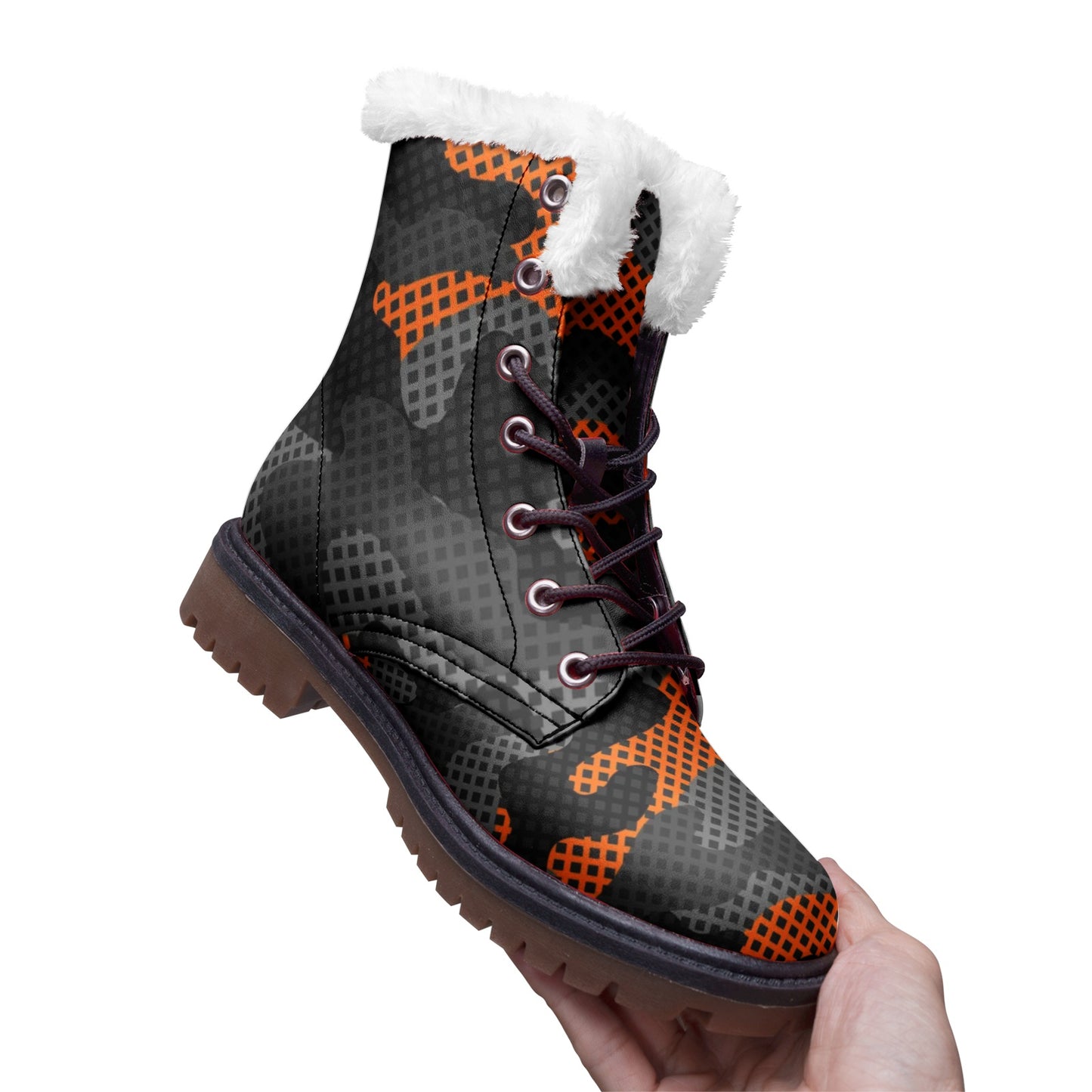 Snow Camo Boots | Black & Orange Pixel Camouflage