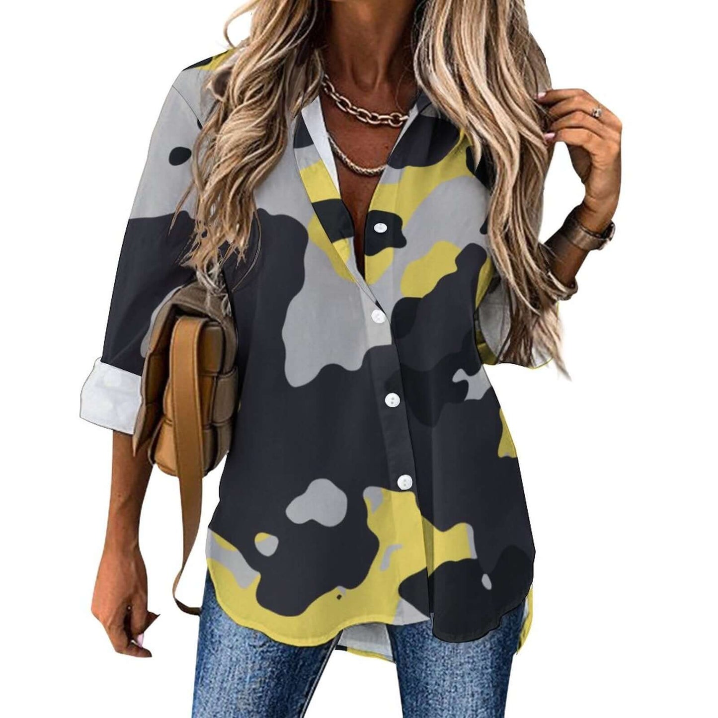 Women's Button-Up Camo Shirt | Yellow, Black & Silver