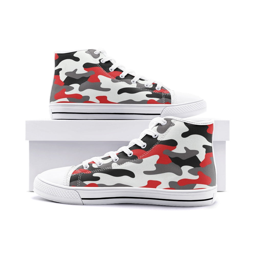 Camo Shoes | High Top Canvas | Red, Black, and White