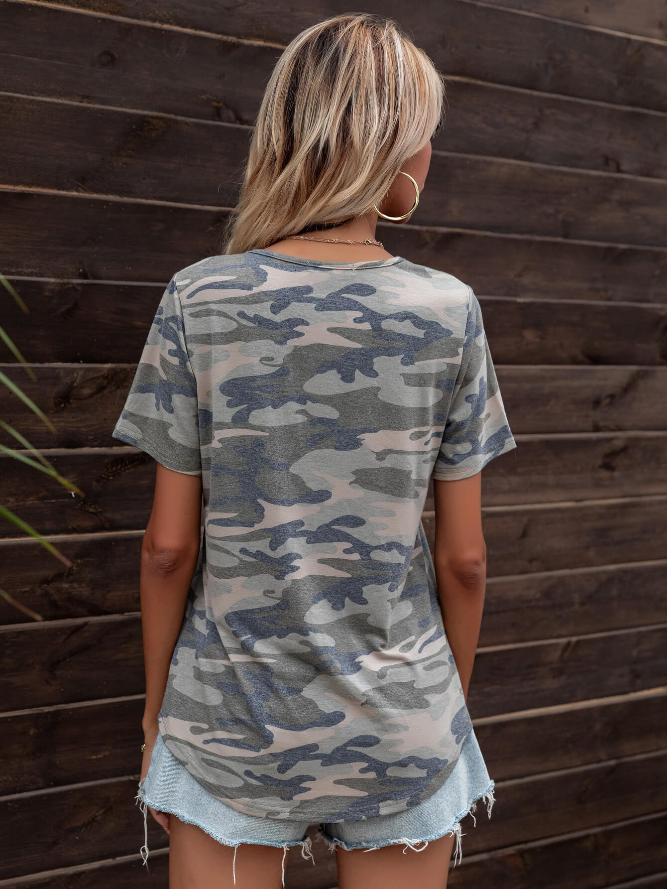 Glitter V-Neck Short Sleeve Camo Tee Shirt