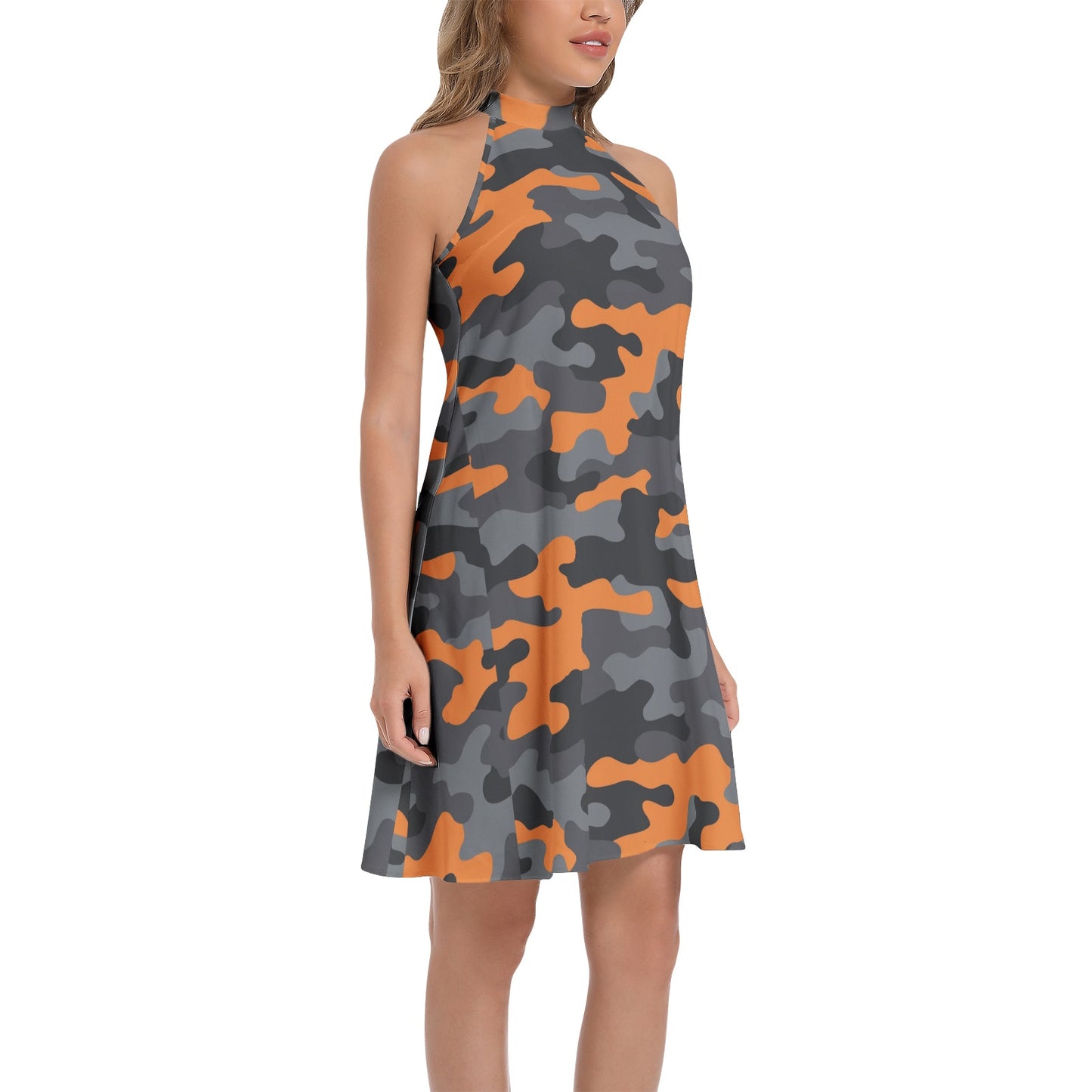 Flared Camo Dress | Halter Neck | Orange, Black, and Gray