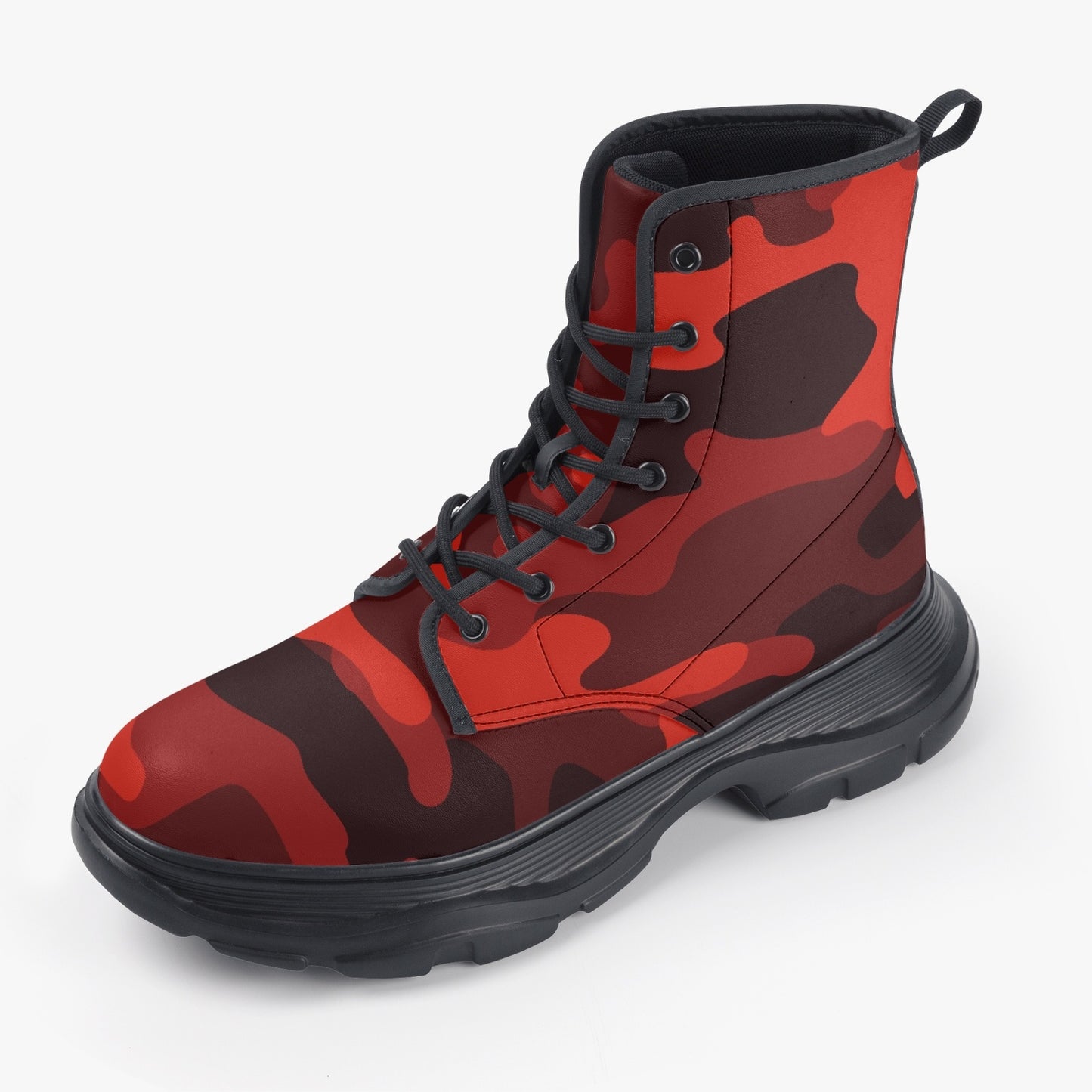 Chunky Boots | Leather in Scarlet Red & Black Camouflage