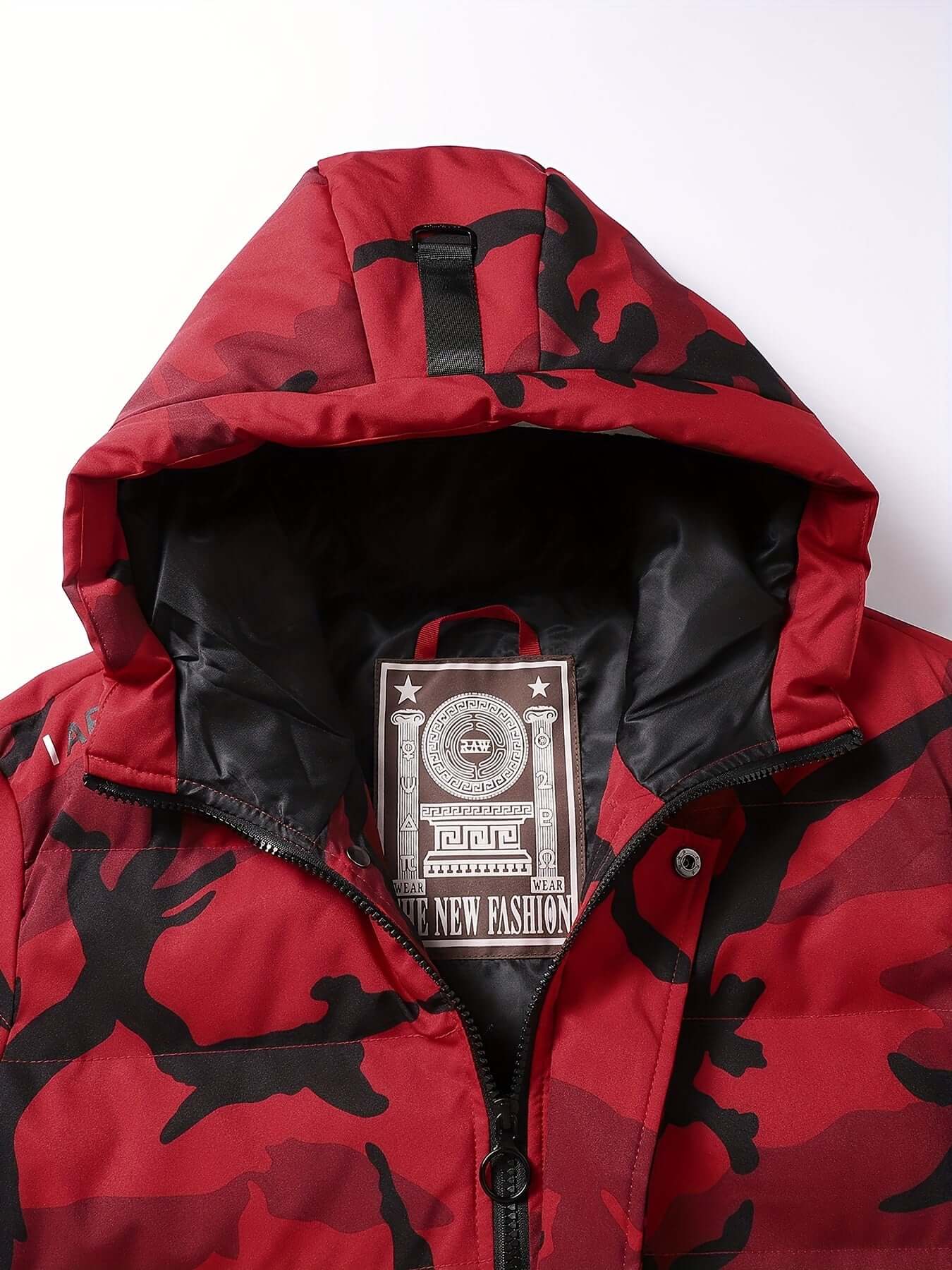 Red / Grey Men's Hooded Camo Puffer Jacket | Regular Fit