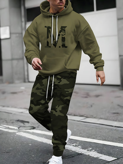 2pcs Plus Size Men'S Casual Set | Camo Hoodie and Joggers