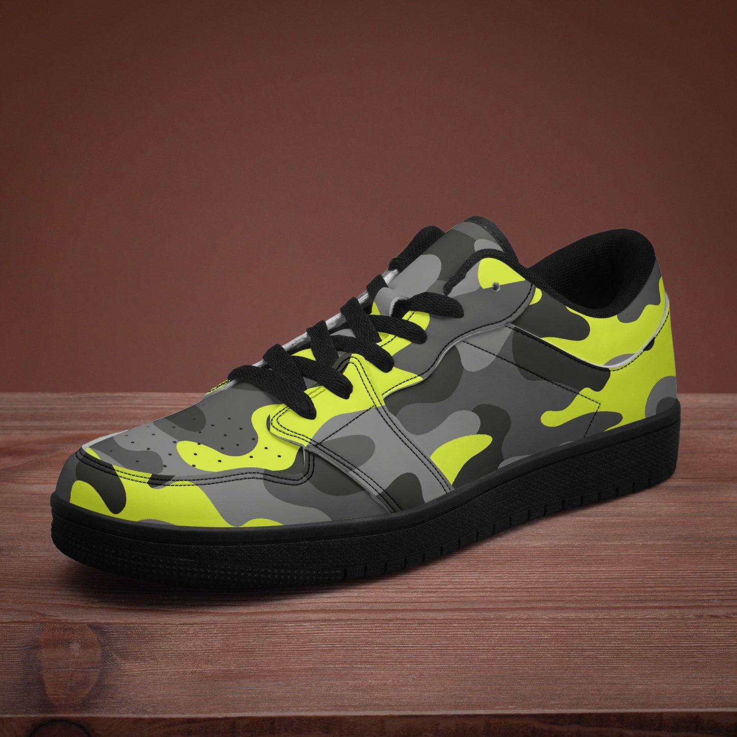 Camo Sneakers | Black Yellow Low-Top Leather Camouflage Shoes