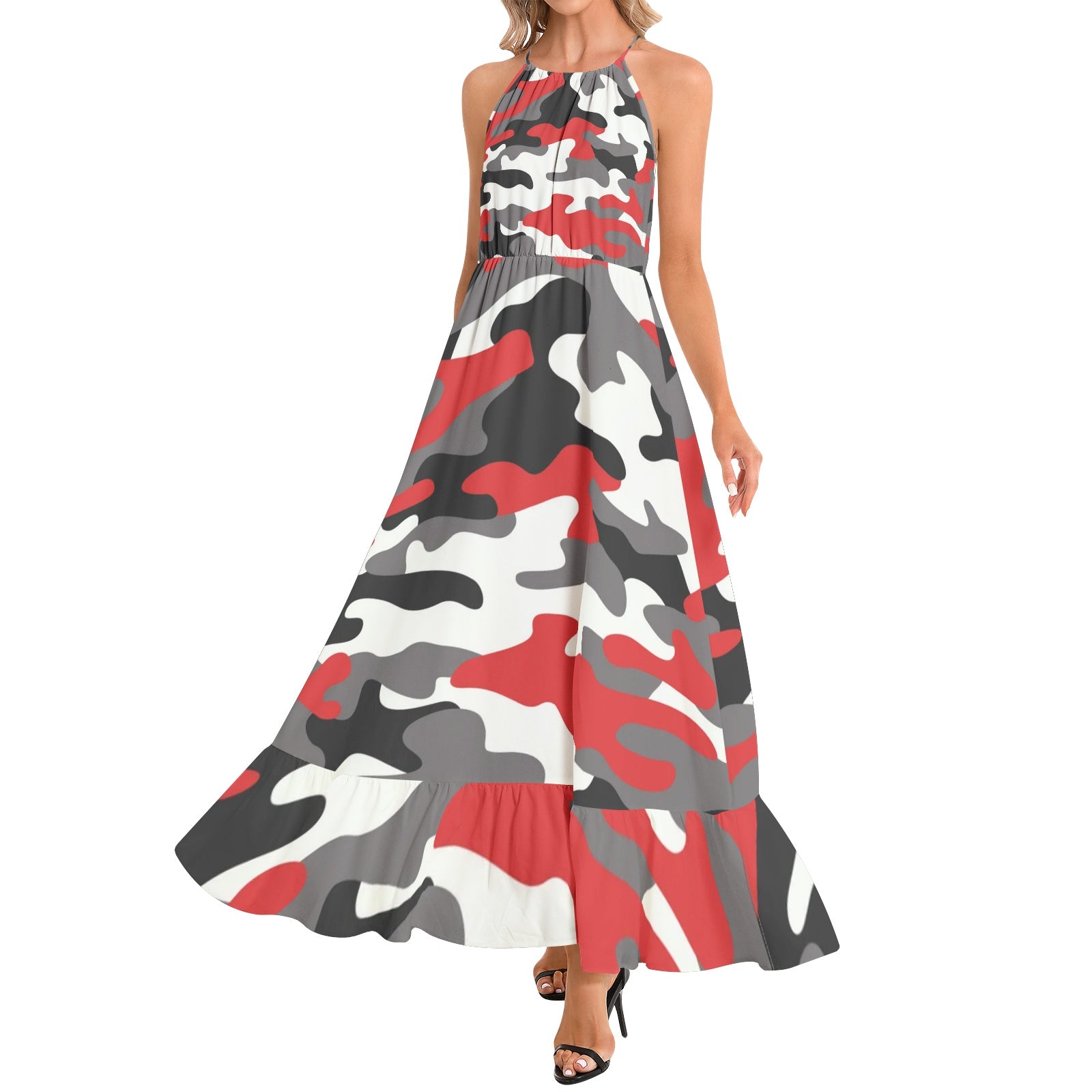 Camo Maxi Dress | Red, Black, and White Camouflage | Ruffle Hem