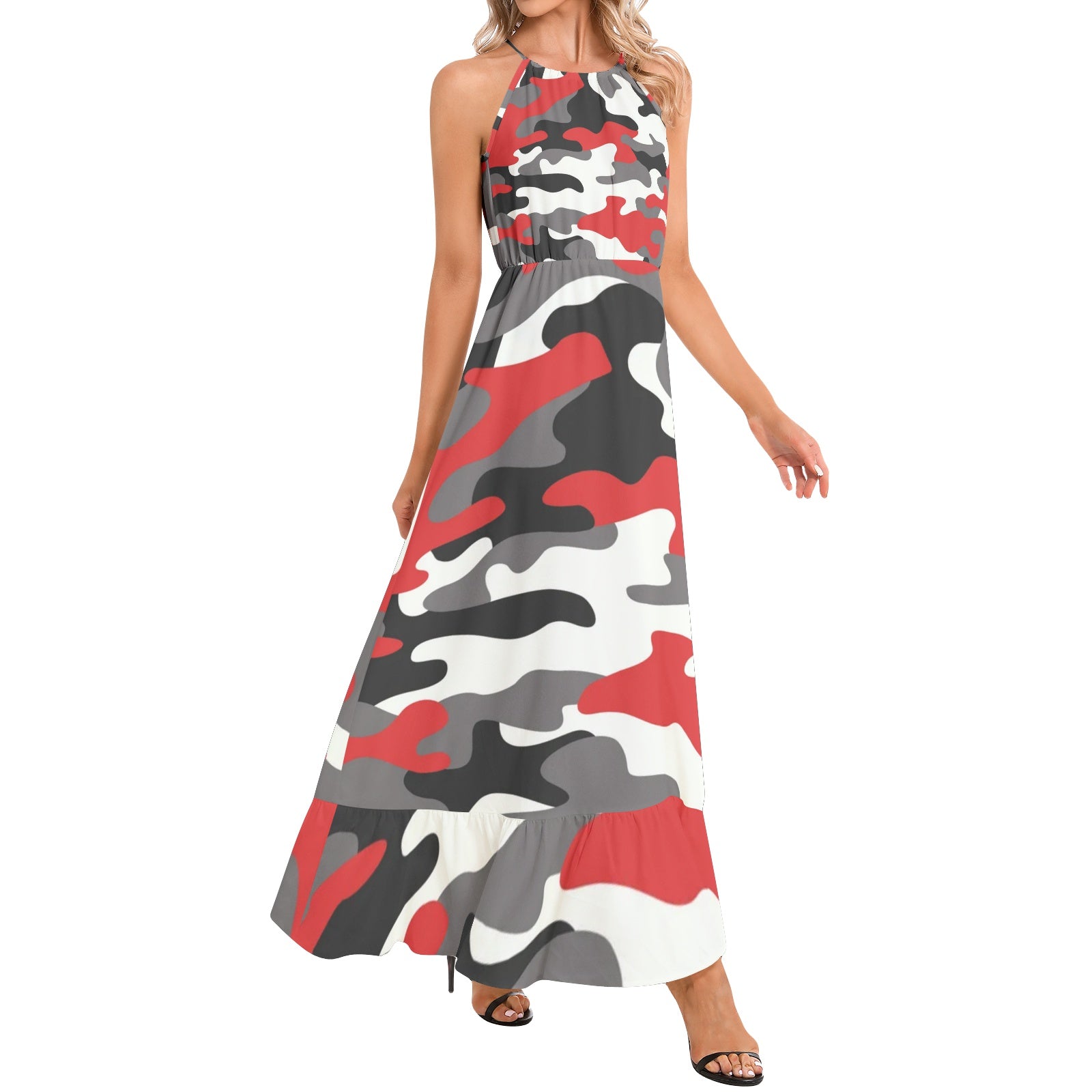 Camo Maxi Dress | Red, Black, and White Camouflage | Ruffle Hem