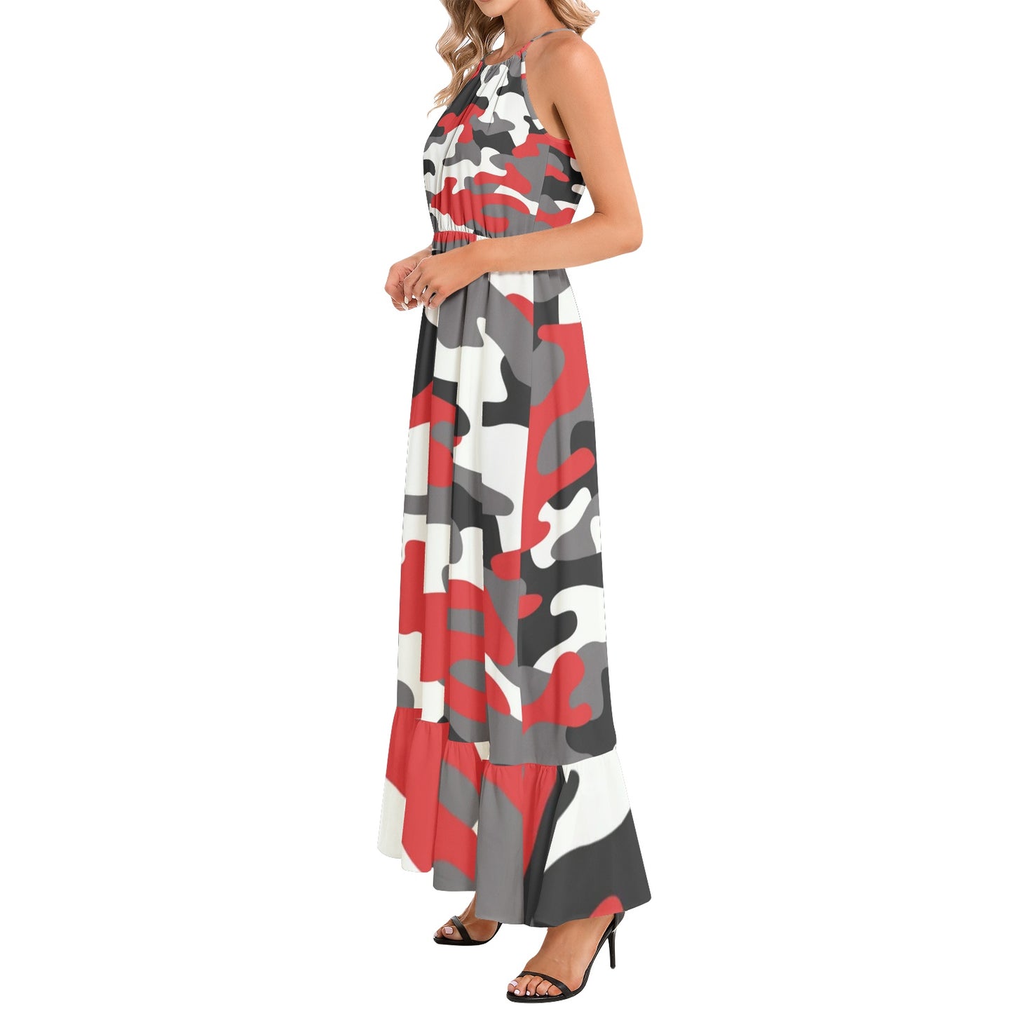 Camo Maxi Dress | Red, Black, and White Camouflage | Ruffle Hem