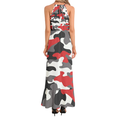 Camo Maxi Dress | Red, Black, and White Camouflage | Ruffle Hem