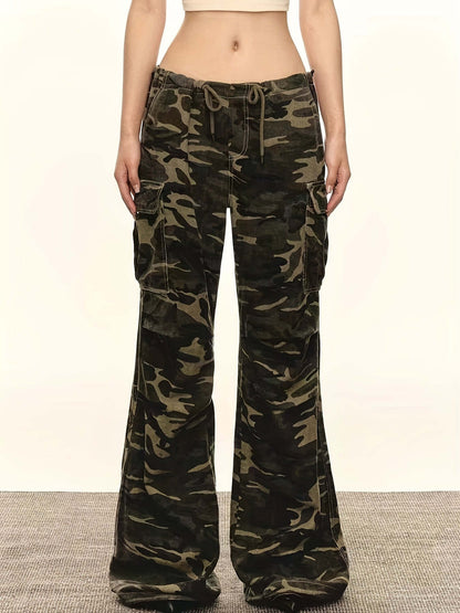 Women's Green Camo Cargo Wide Leg Denim Jeans | Cotton Blend