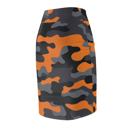 Camo Mini Skirt | Pencil Cut | Orange, Black & Gray