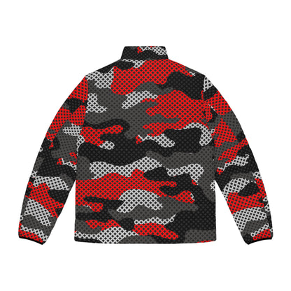 Camo Puffer Jacket For Men | Red, Black and Gray Pixel