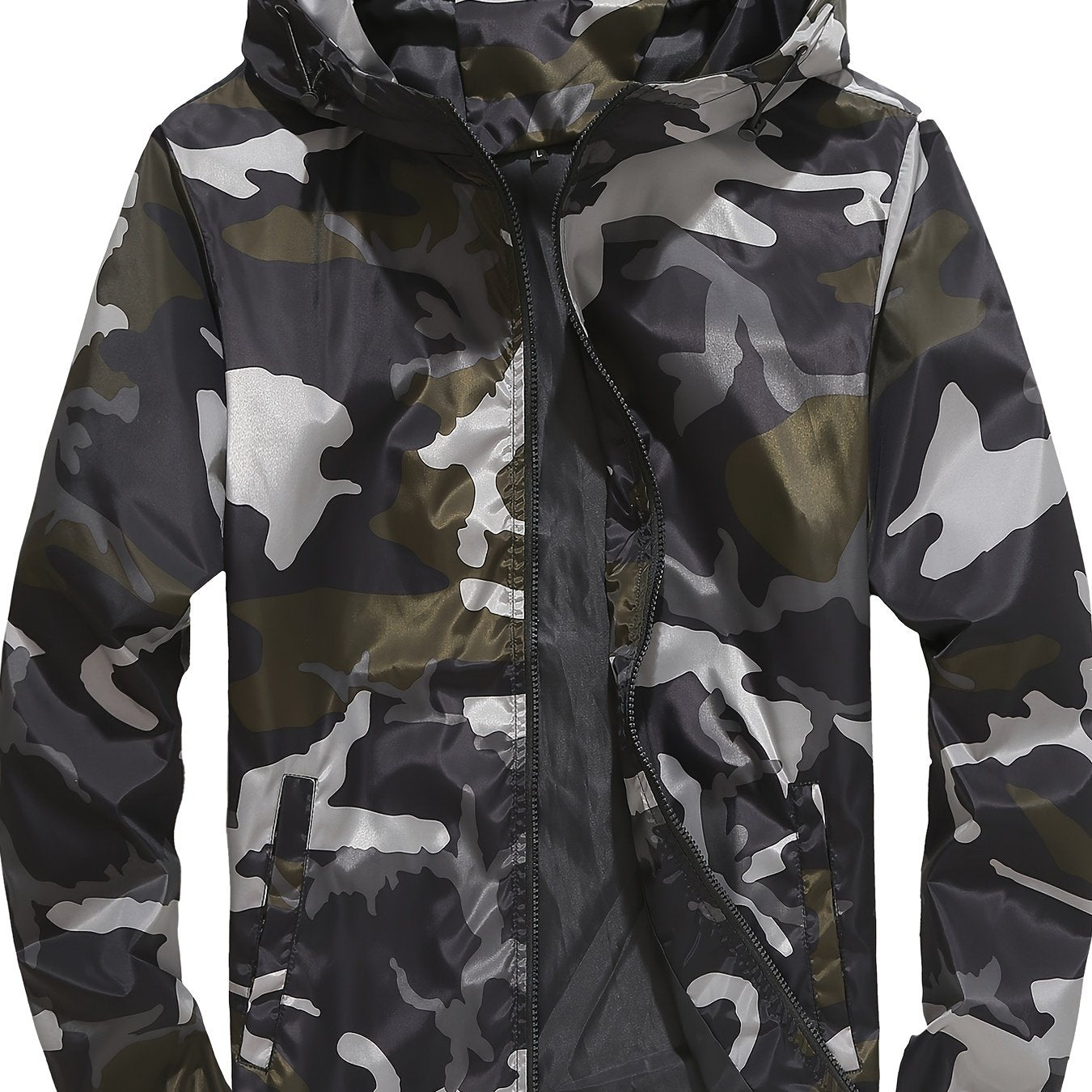 Men's Grey Hooded Zip Up Camouflage Lightweight Jacket