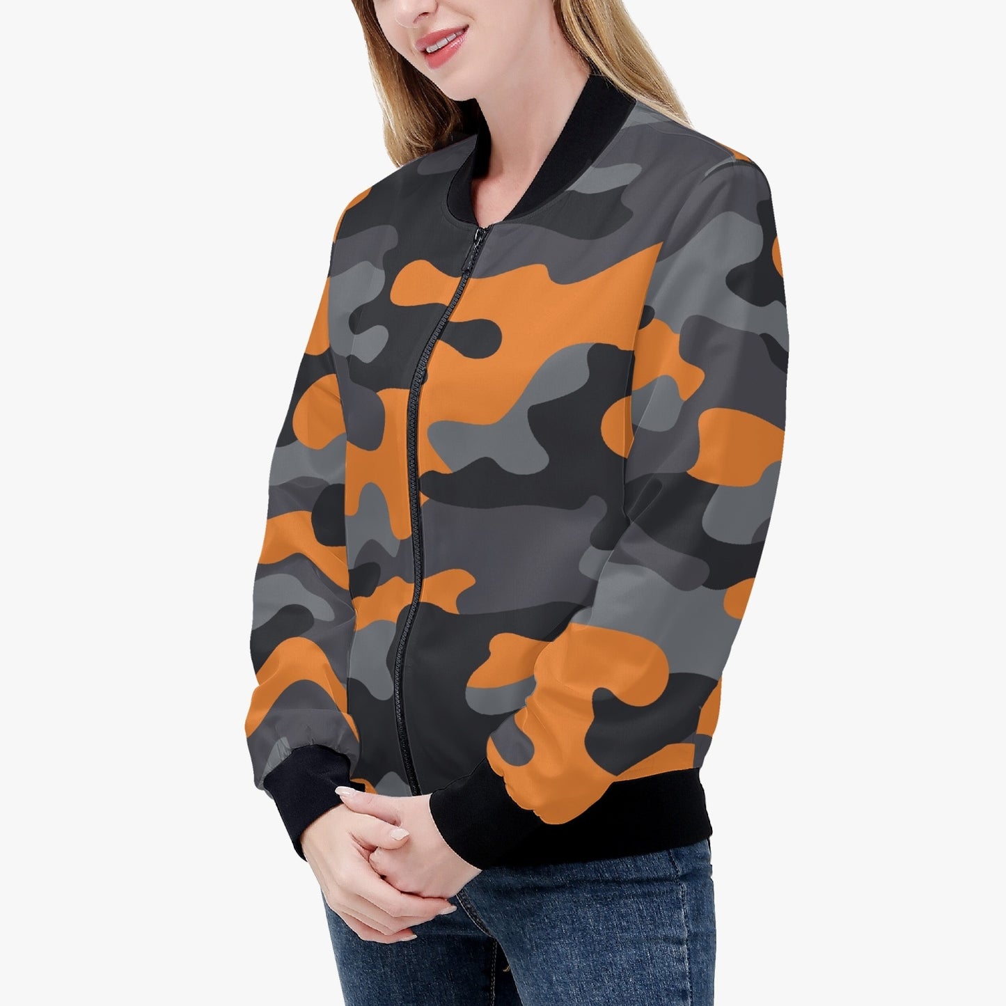 Women's Camo Bomber Jacket | Orange, Black, and Gray Camouflage