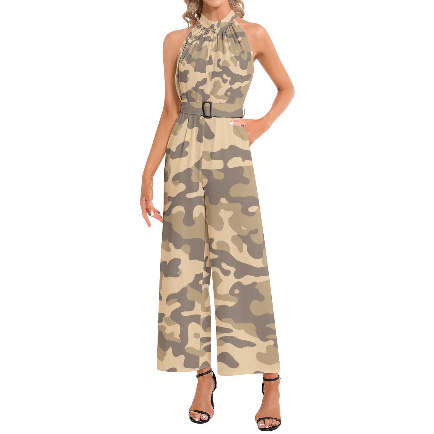 Camo Jumpsuit | Belted Halter Neck | Khaki Camouflage