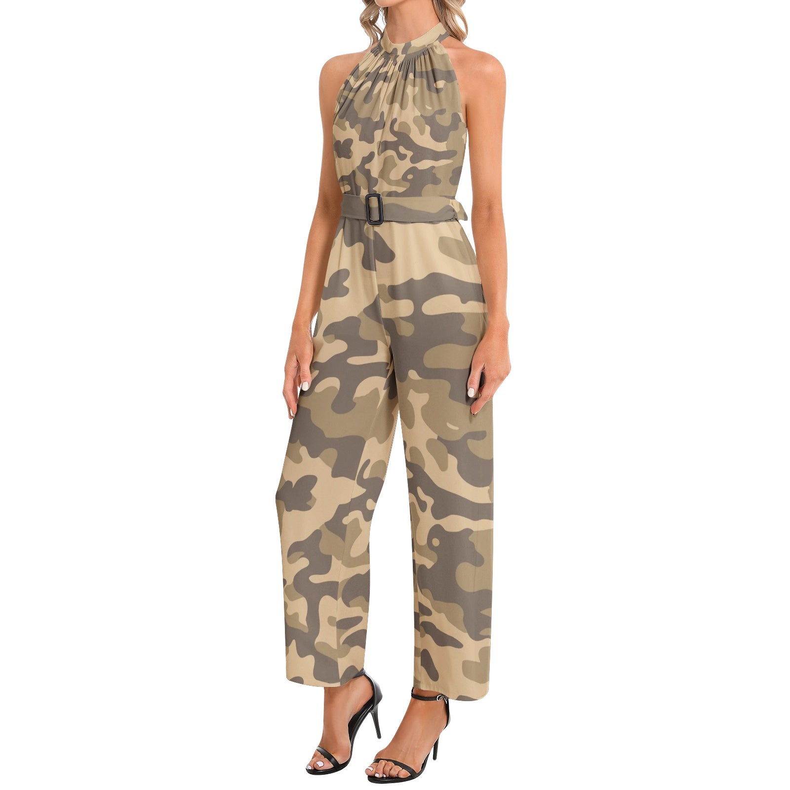 Camo Jumpsuit | Belted Halter Neck | Khaki Camouflage