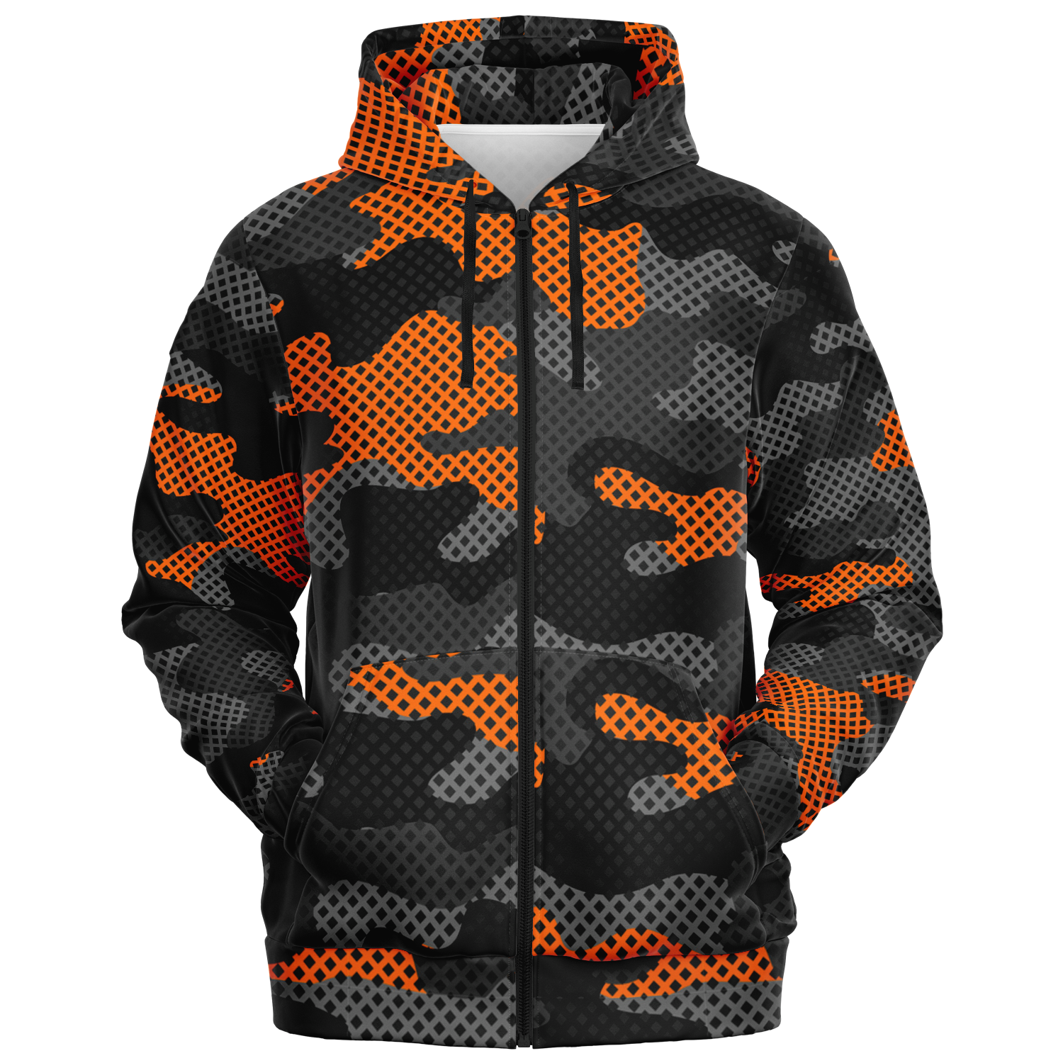 Zip-Up Hoodie | Orange & Black Pixel Camouflage