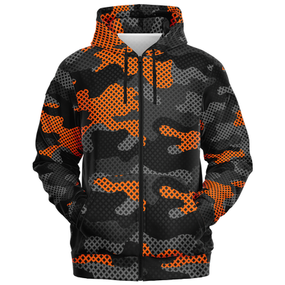 Zip-Up Hoodie | Orange & Black Pixel Camouflage