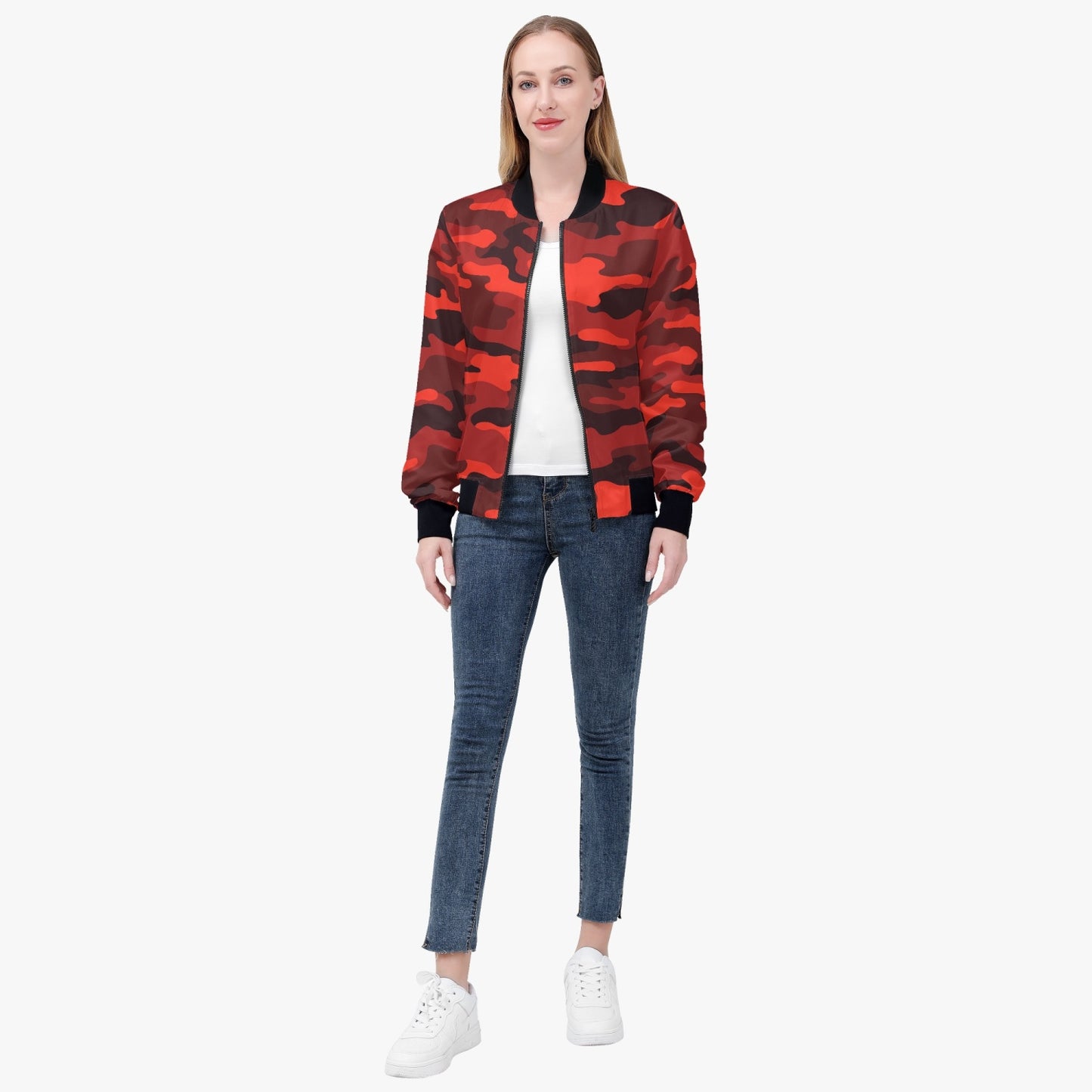 Women's Camo Bomber Jacket | Scarlet Red and Black