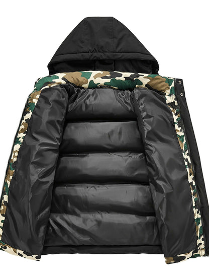 Men's Fleece-Lined Hooded Vest | Stylish Black and Camo Collar