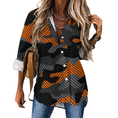 Women's Button-Up Camo Shirt | Orange & Black Pixel