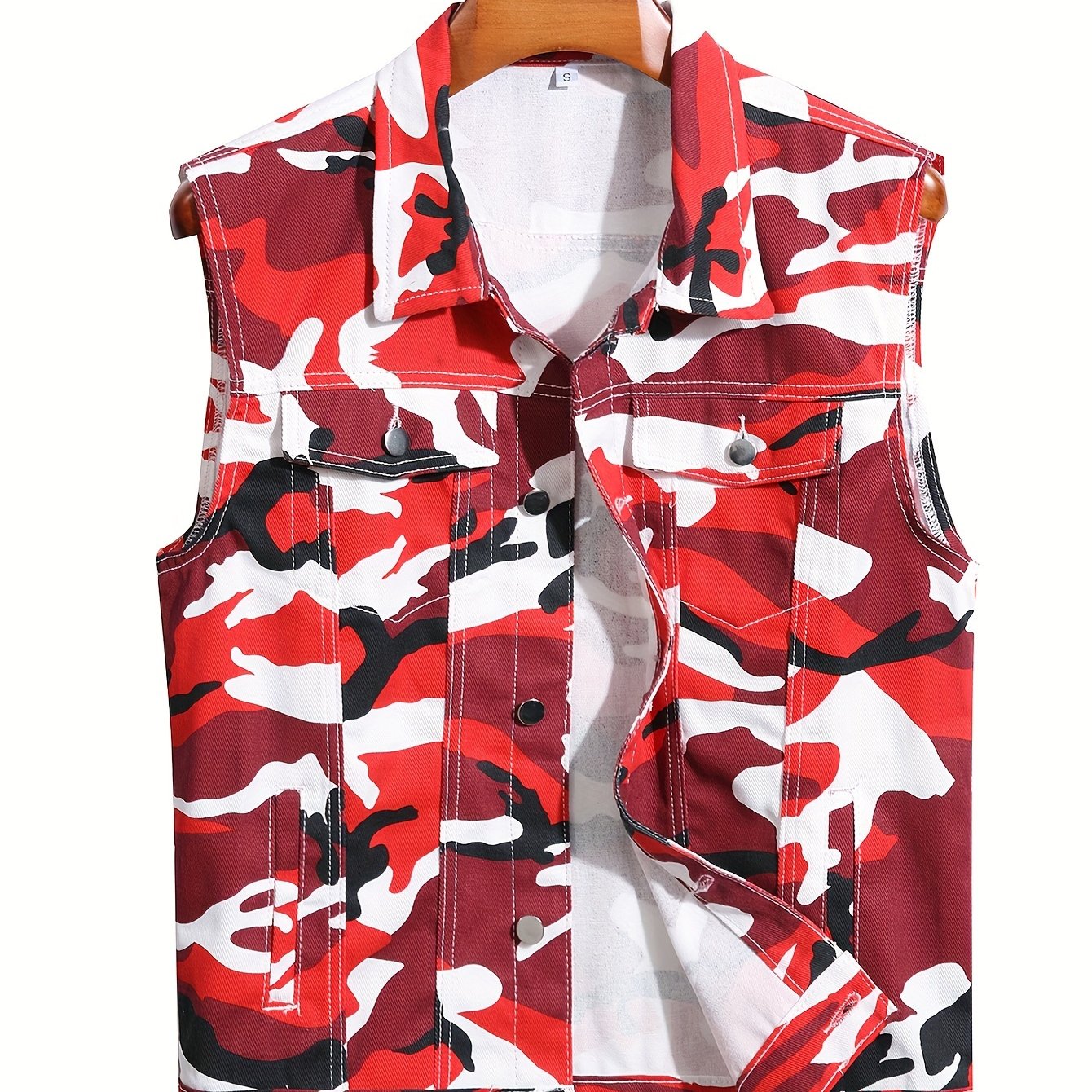 Men's Camo Denim Vest | Red and Black Sleeveless Jacket