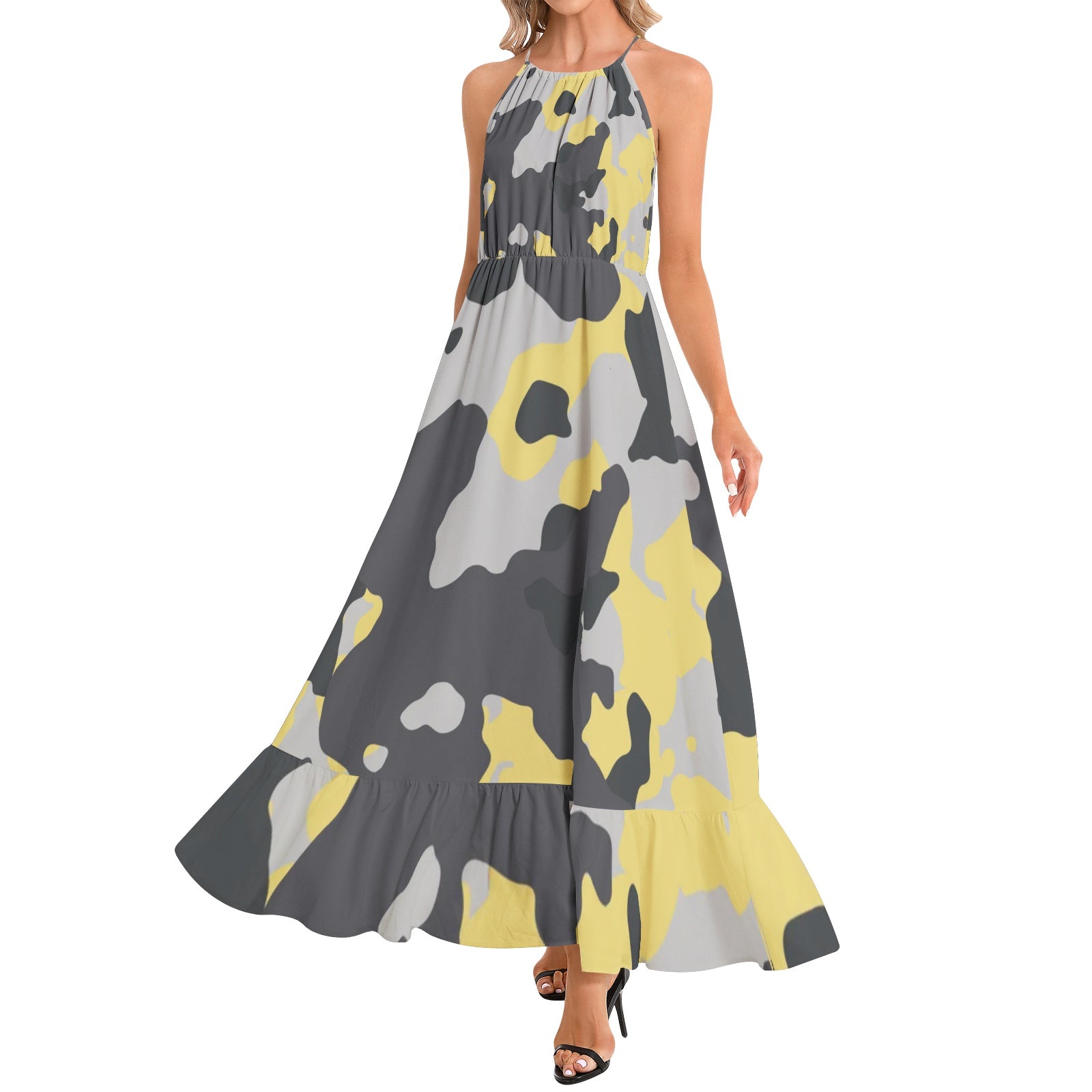 Camo Maxi Dress | Yellow, Black, and Silver | Ruffle Hem