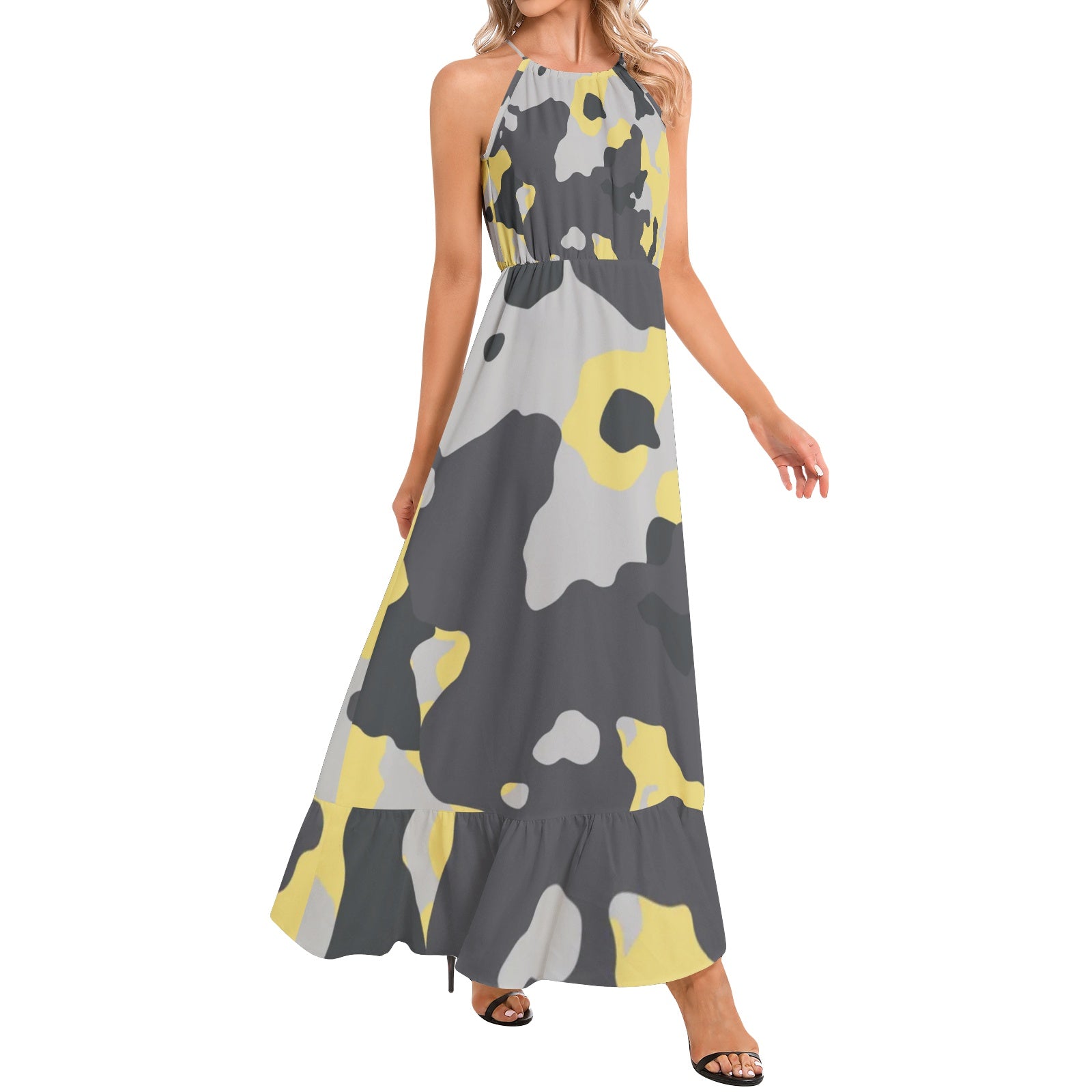 Camo Maxi Dress | Yellow, Black, and Silver | Ruffle Hem