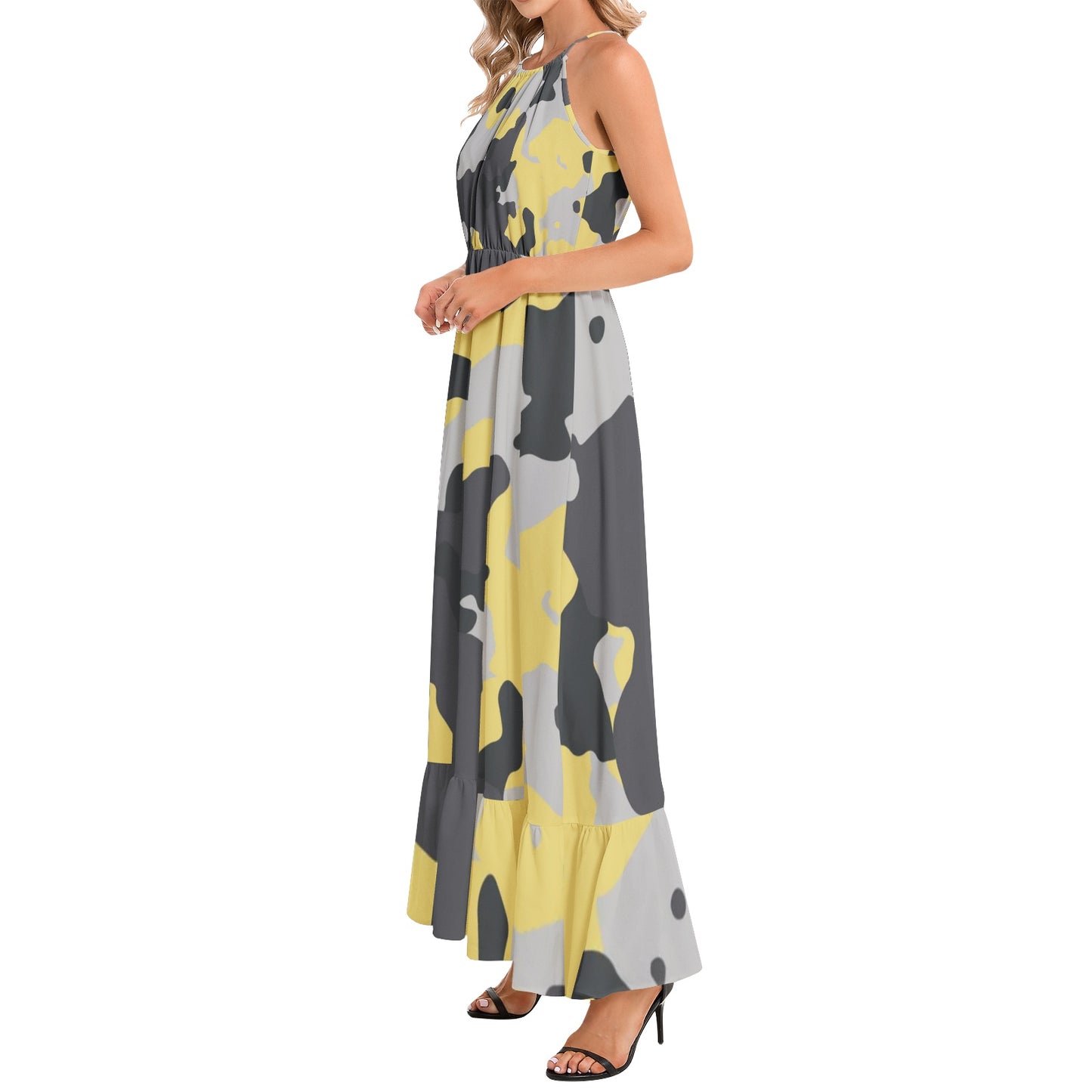 Camo Maxi Dress | Yellow, Black, and Silver | Ruffle Hem