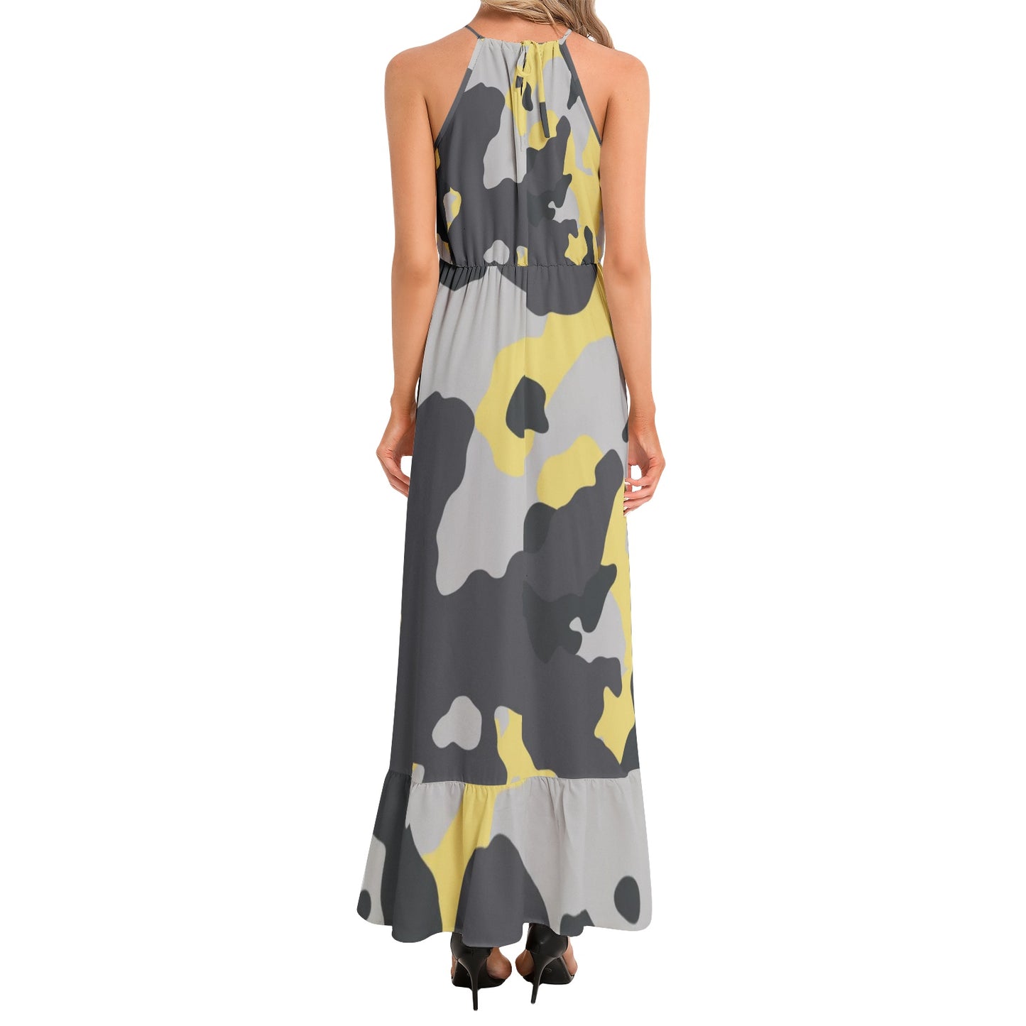 Camo Maxi Dress | Yellow, Black, and Silver | Ruffle Hem