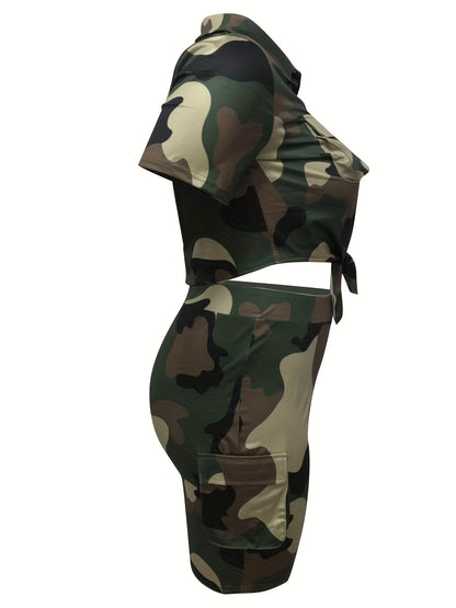 Plus Size Camo Outfit Set: Button-Up Crop Top & Shorts with Pockets