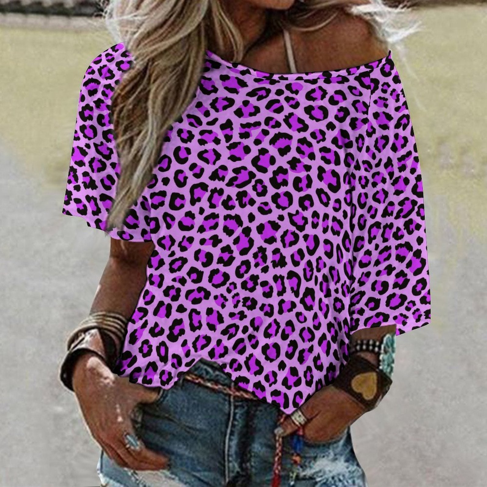 Off The Shoulder Top | Purple, Blue and Black Leopard Print