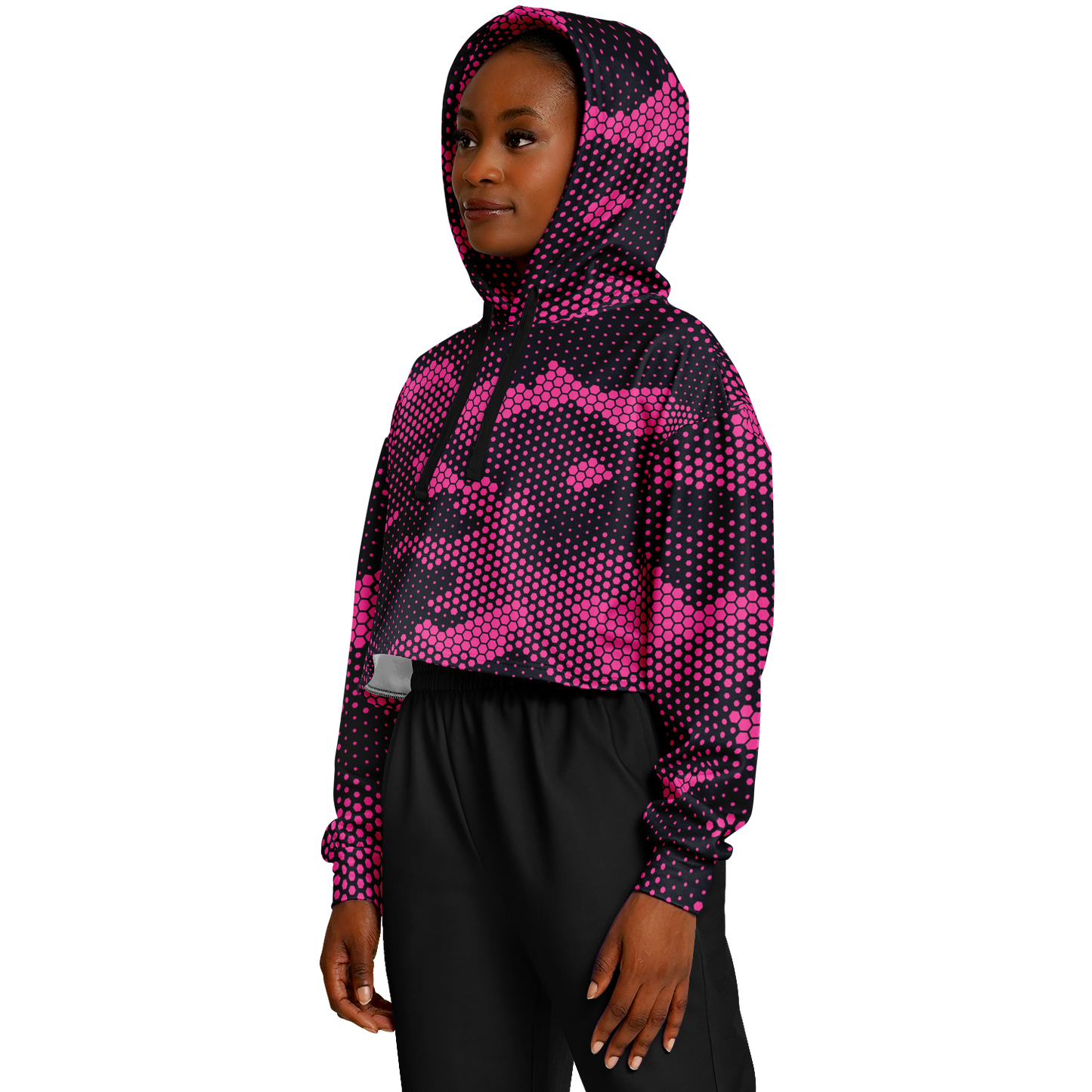 Cropped Hoodie For Women | Pink Digital Dotted Hexagonal