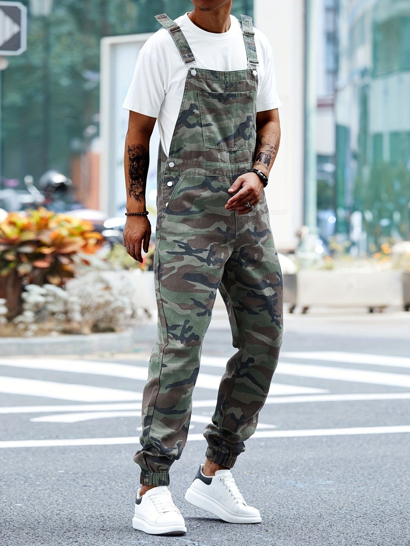 Men's Olive Green Camo Denim Bib Overalls with Pockets