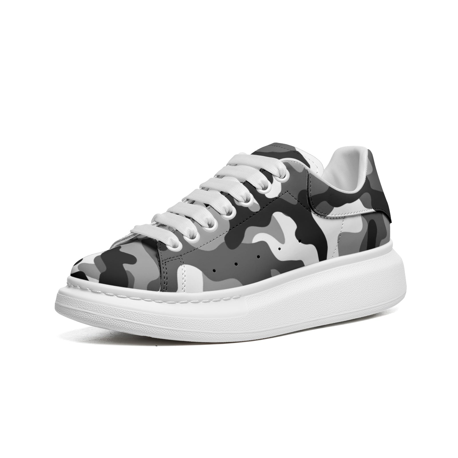 Oversized McQueen Sneakers | Gray, Black, & White Camouflage