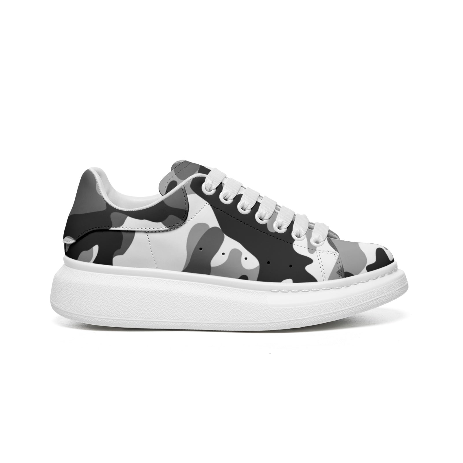 Oversized McQueen Sneakers | Gray, Black, & White Camouflage