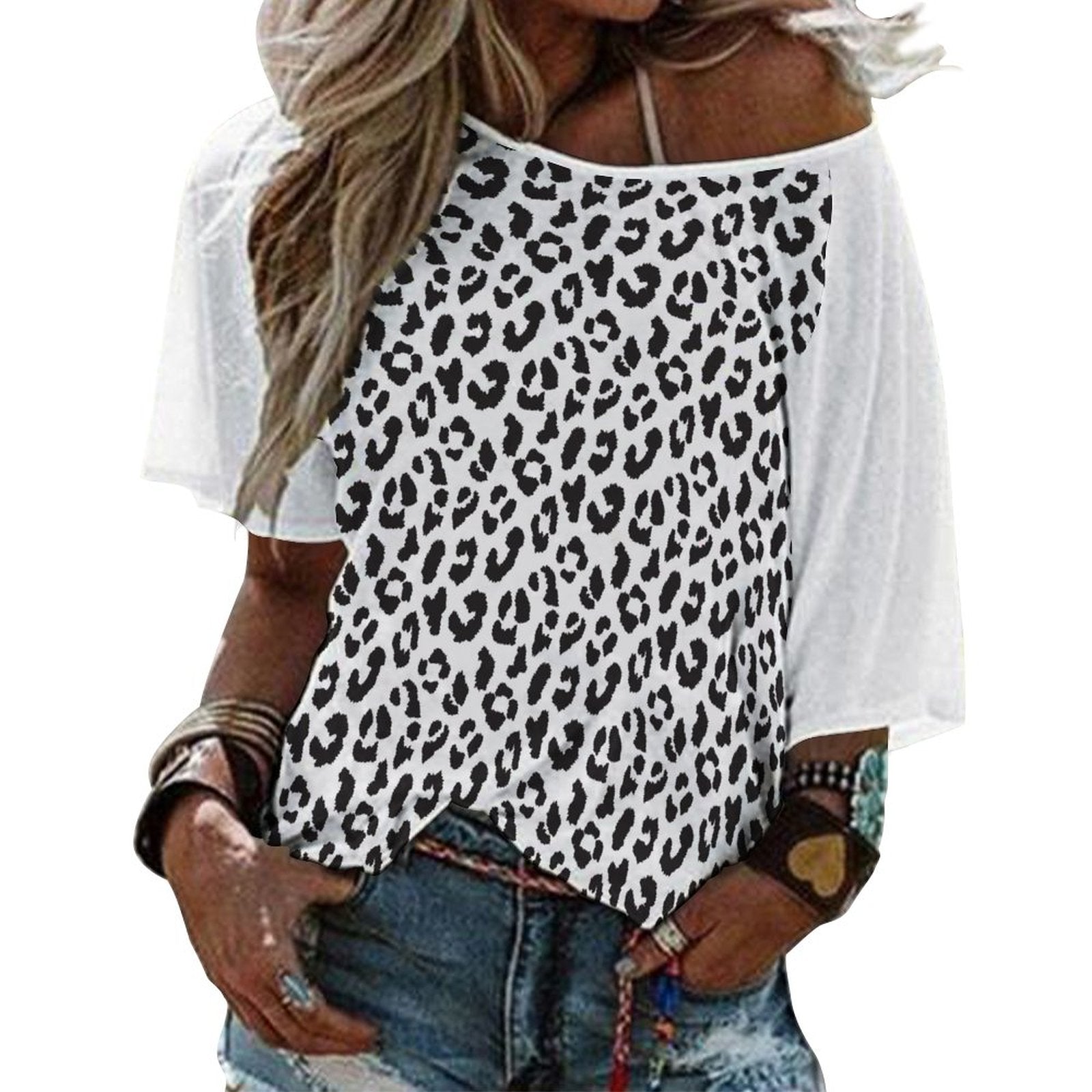 Off The Shoulder Top | Raglan Style | Black and White Leopard Print