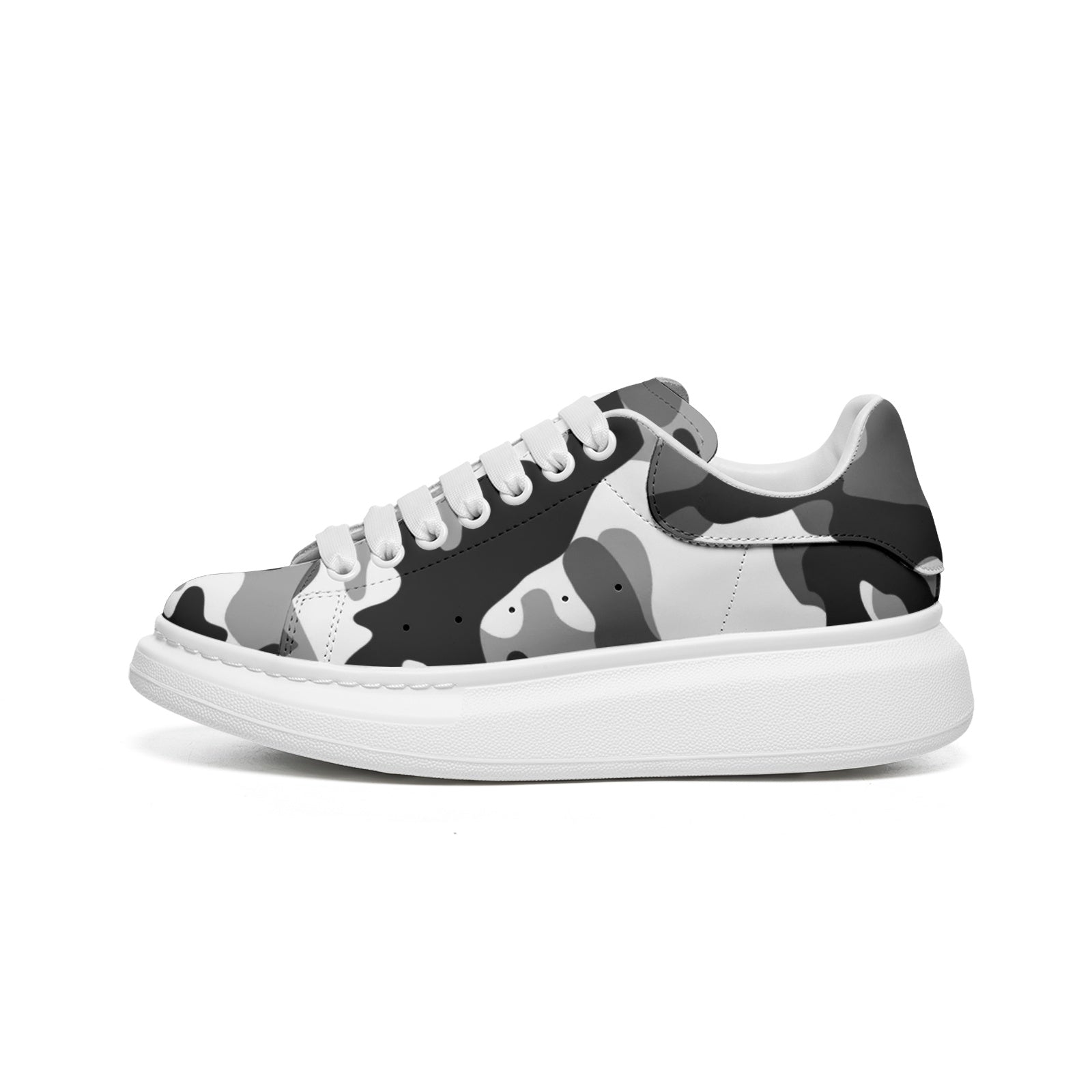 Oversized McQueen Sneakers | Gray, Black, & White Camouflage