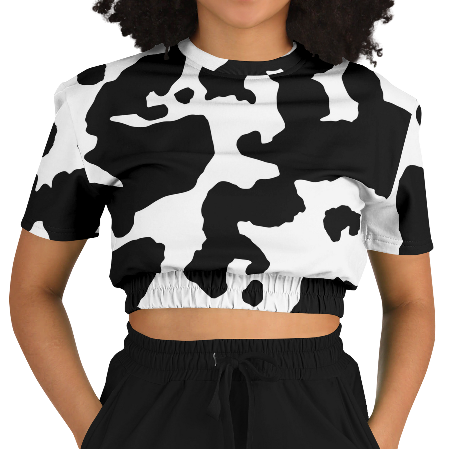 Camo Crop Top Sweatshirt | Black & White Cow Camouflage