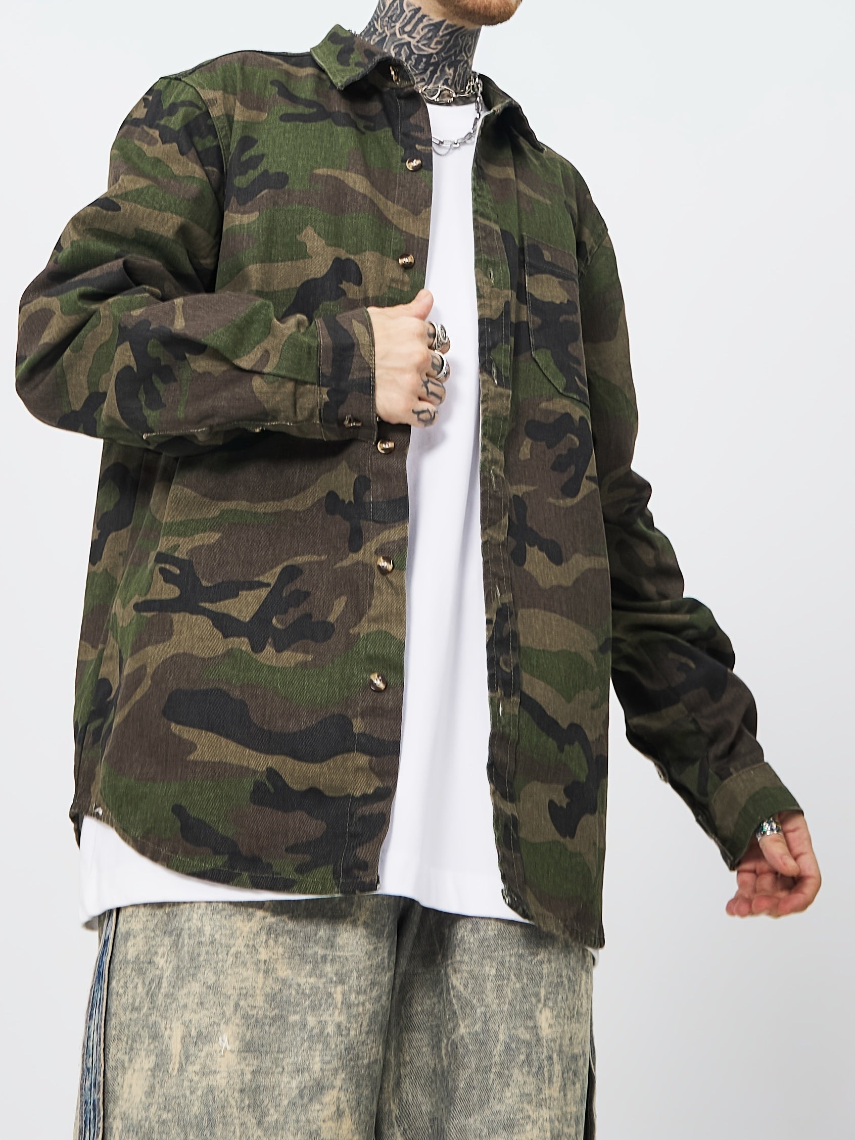 Men's Green Camo Denim Shirt | Long Sleeve Button Up Shirt