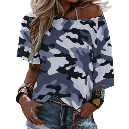 Off The Shoulder Top | Light Blue Camo Shirt