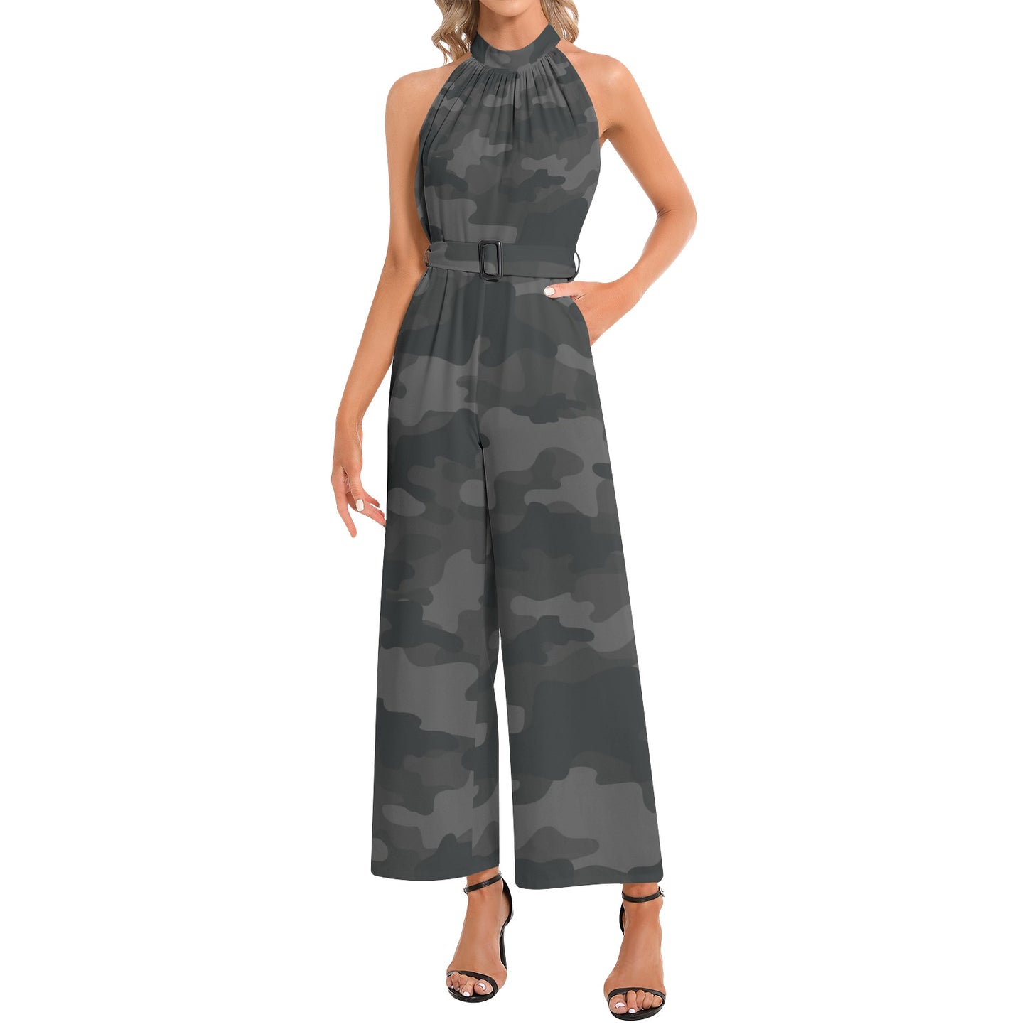 Camo Jumpsuit | Belted Halter Neck | Black Camouflage