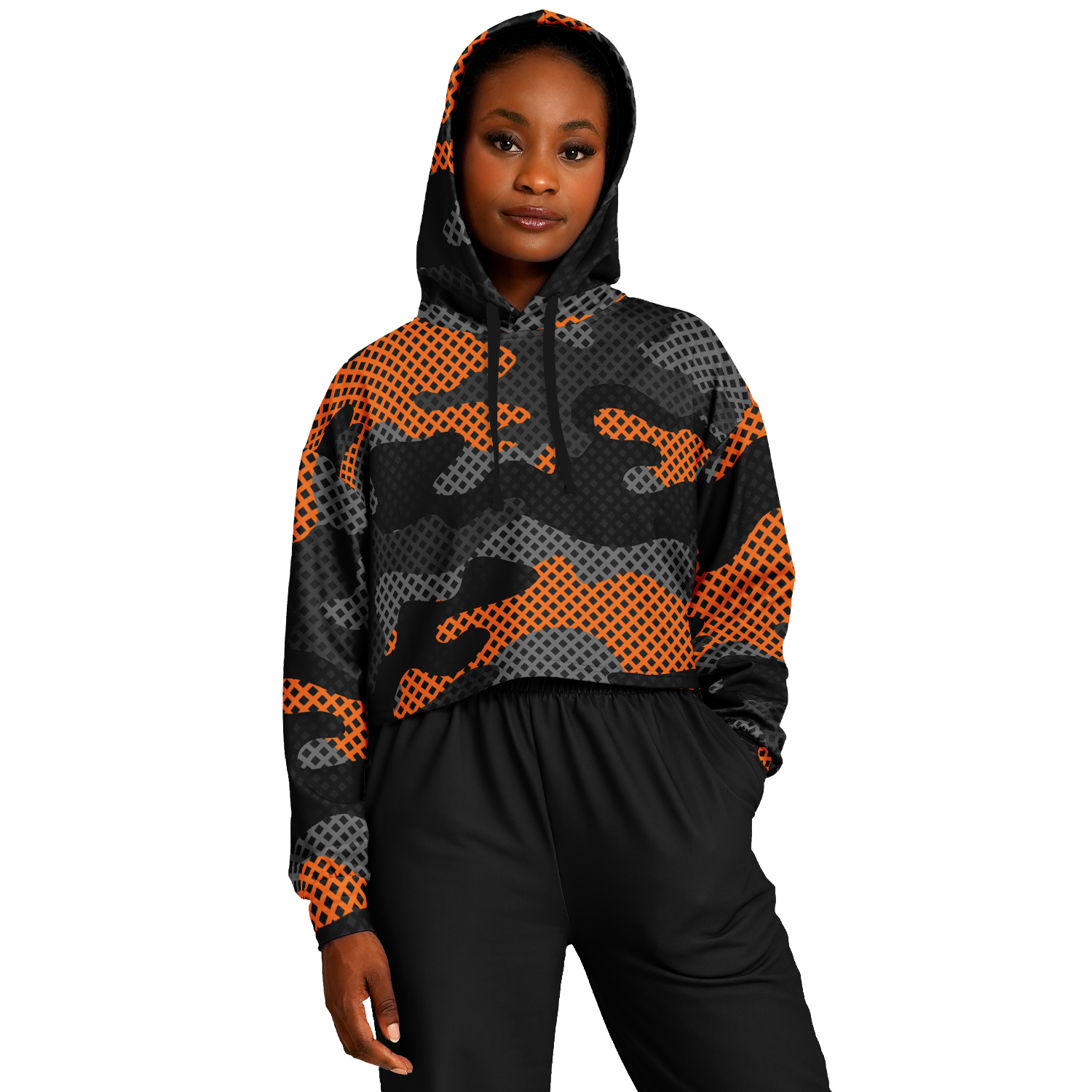 Cropped Hoodie For Women | Black & Orange Pixel Camo