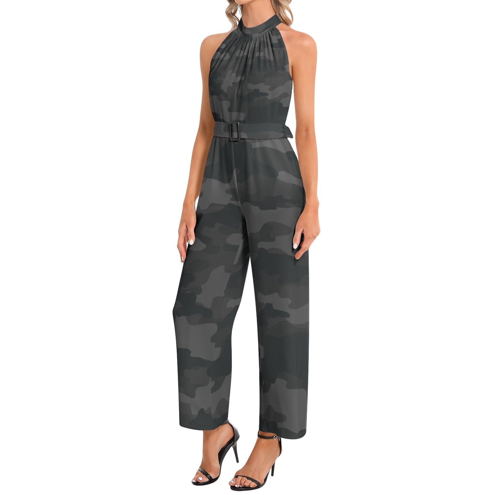 Camo Jumpsuit | Belted Halter Neck | Black Camouflage