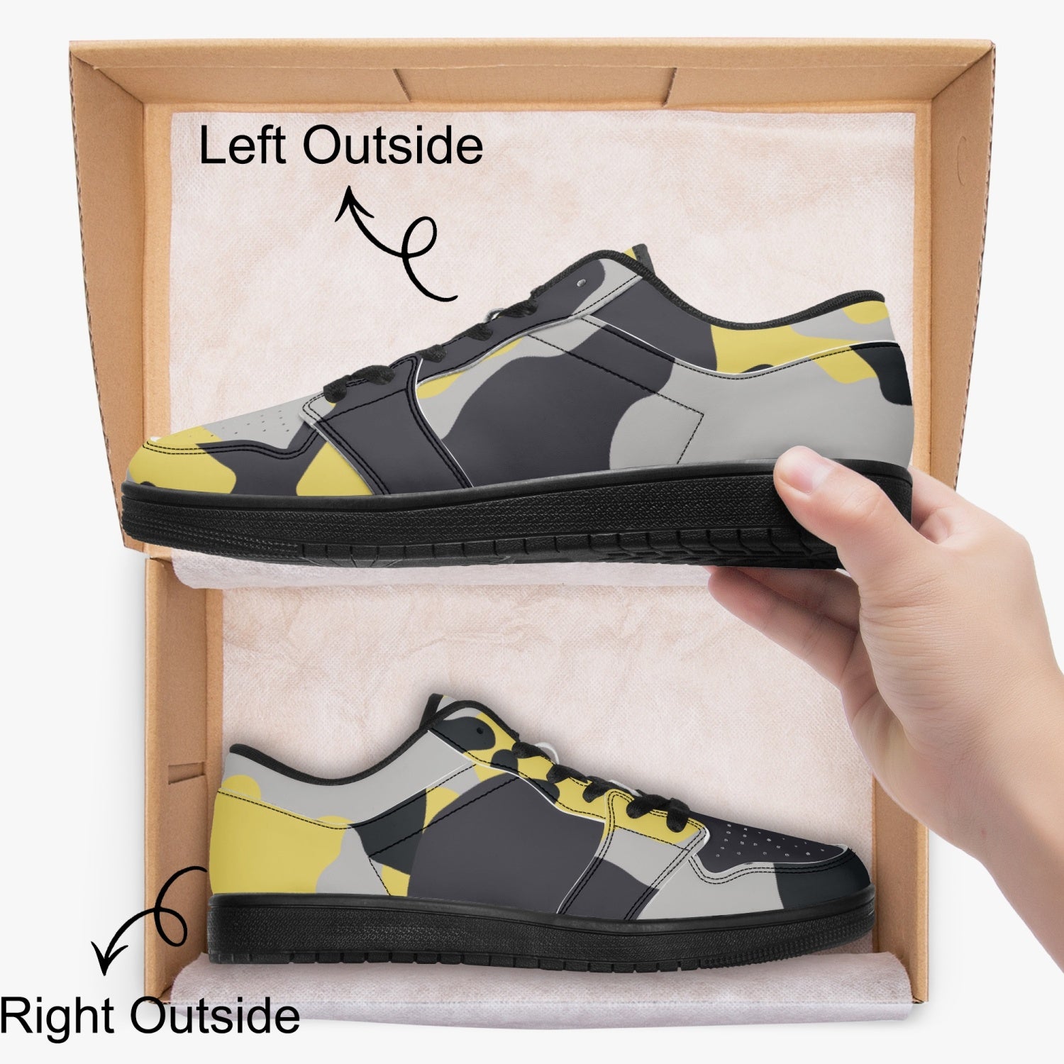 Camo Sneakers | Yellow Silver Low-Top Leather Camouflage Shoes