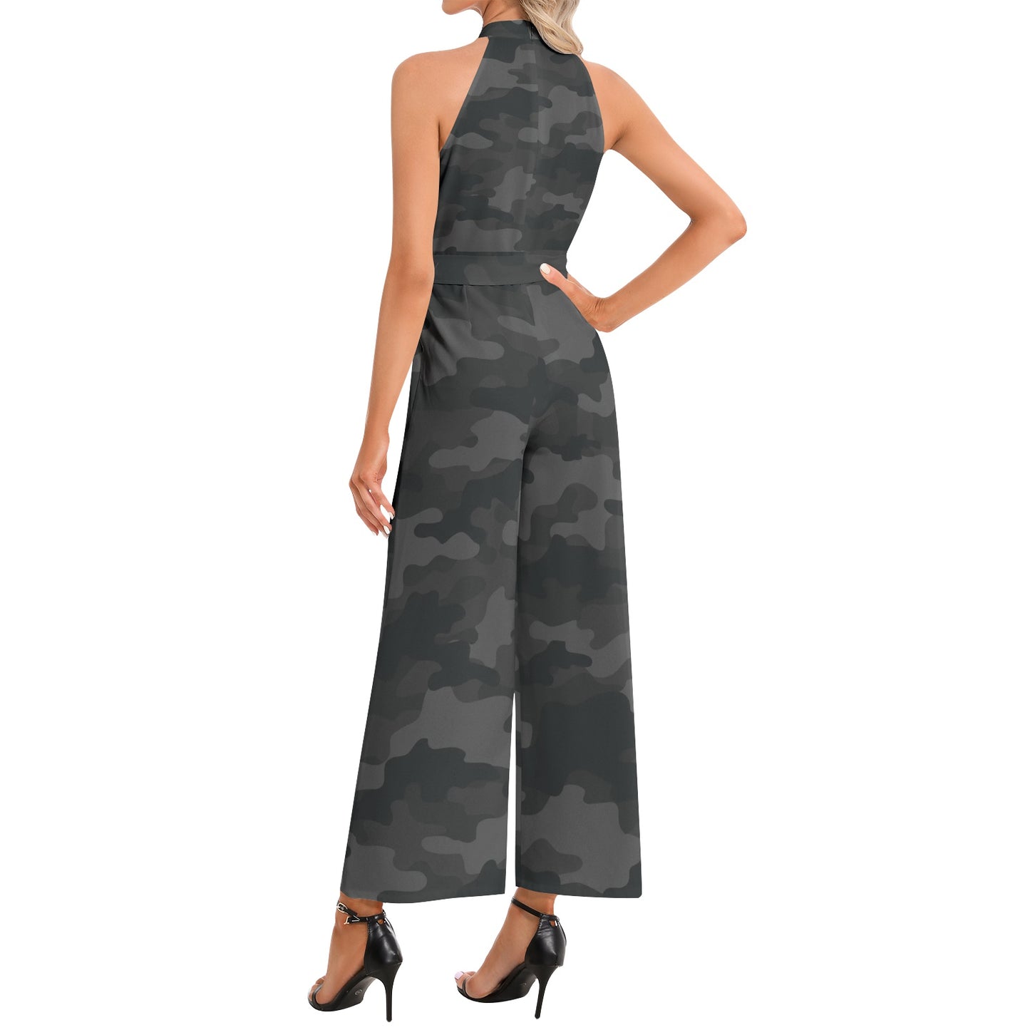 Camo Jumpsuit | Belted Halter Neck | Black Camouflage