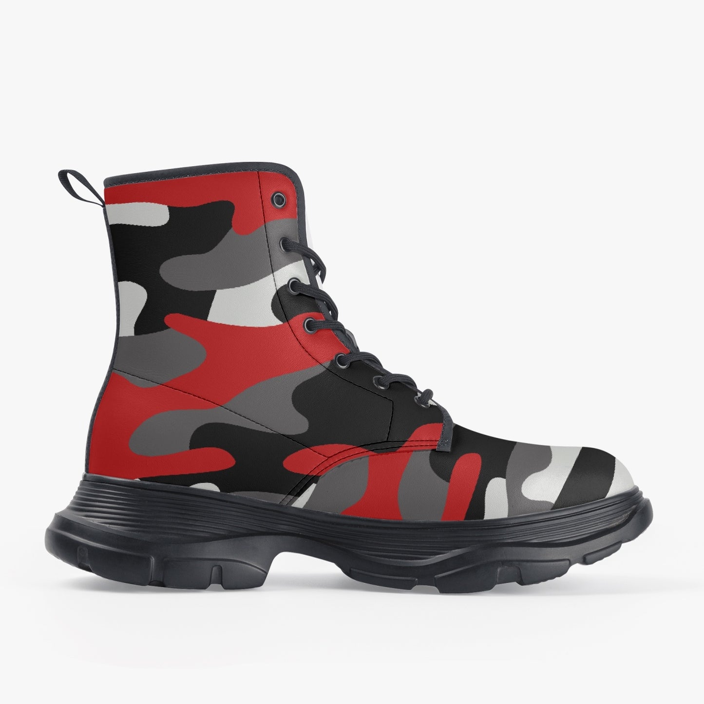 Chunky Boots | Leather in Red, Black, & White Camouflage