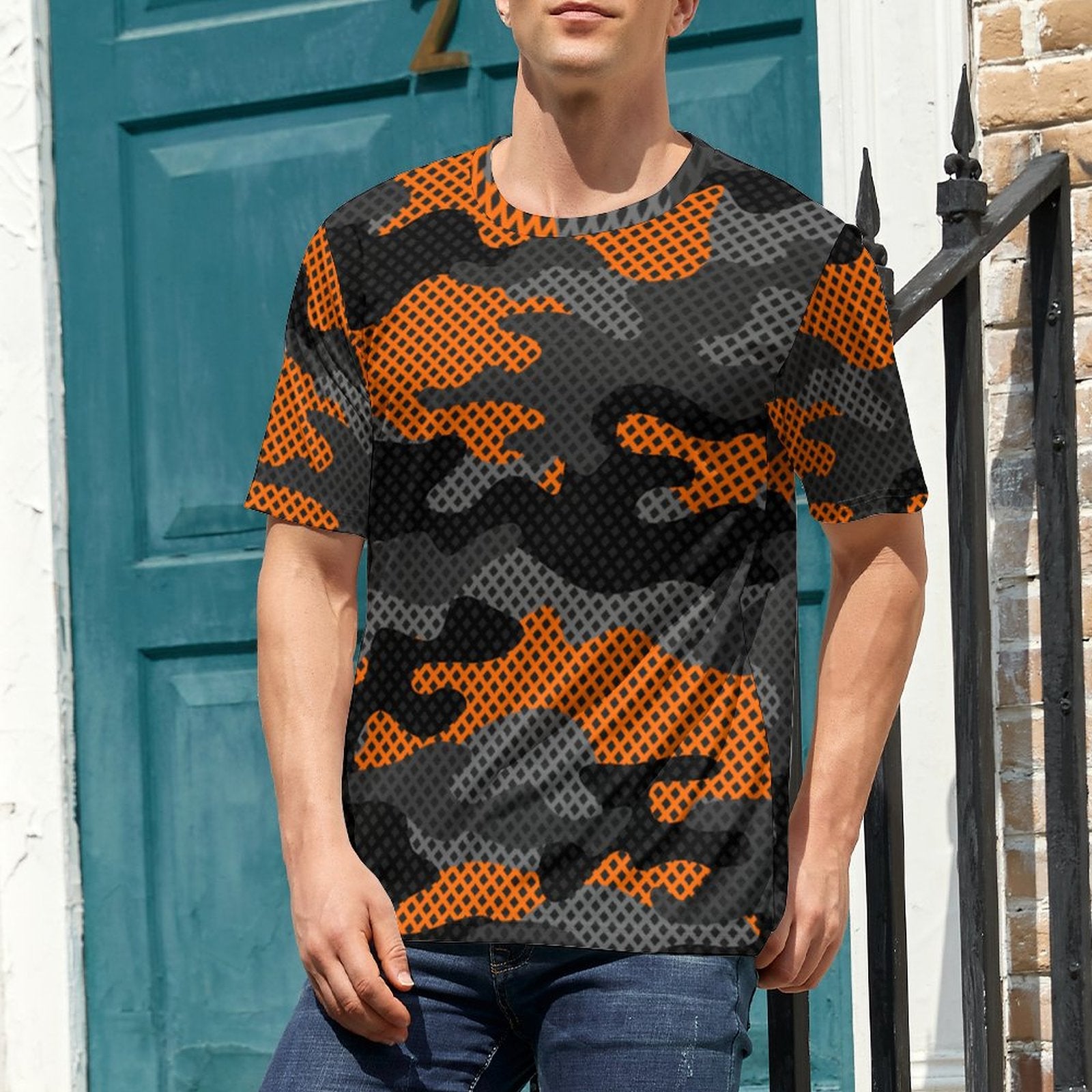 Camo Shirt | Black & Orange Pixel Camouflage T